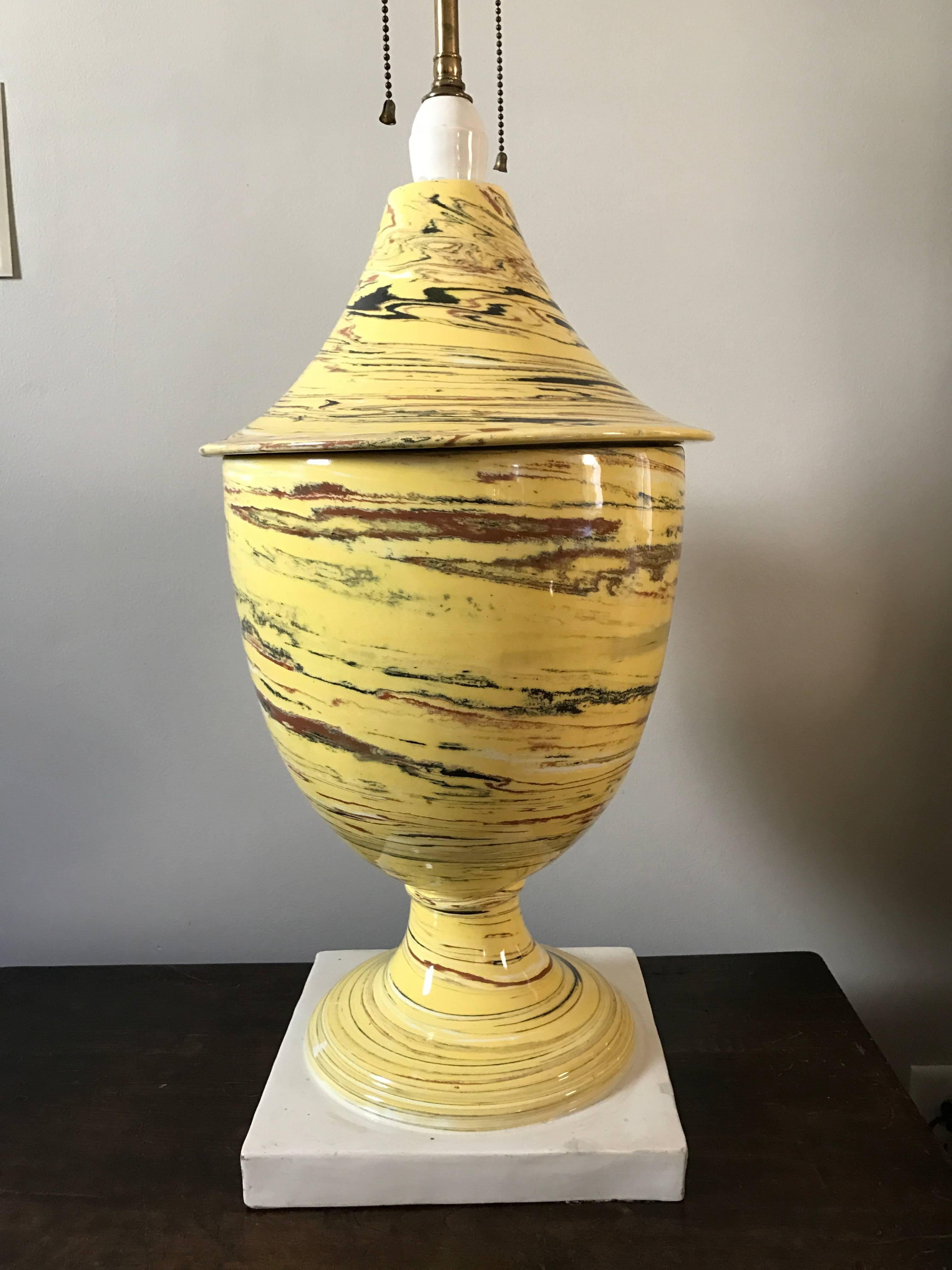 Italian Yellow Agateware Urn Form Pottery Lamp 5