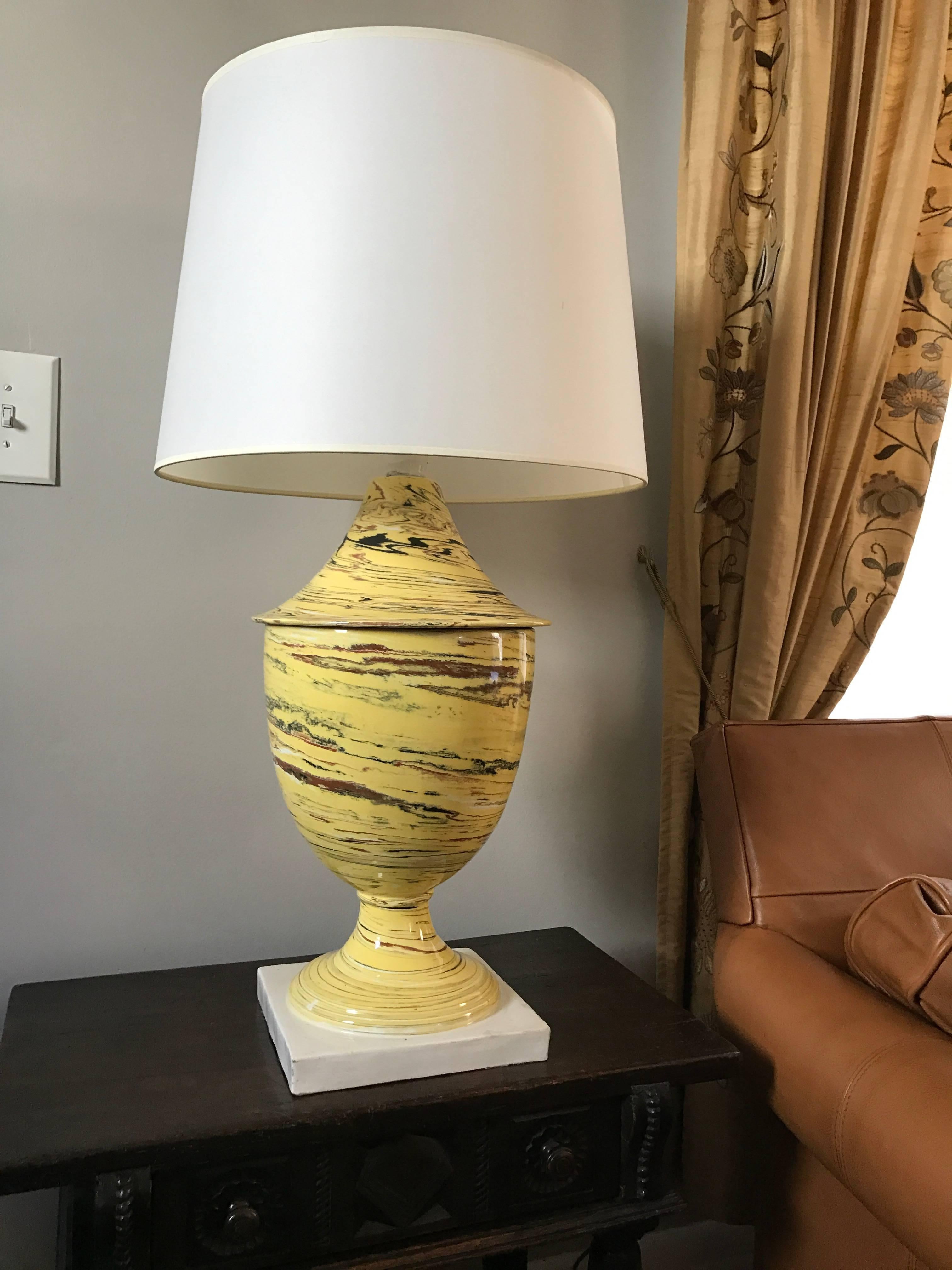 Italian Yellow Agateware Urn Form Pottery Lamp 2