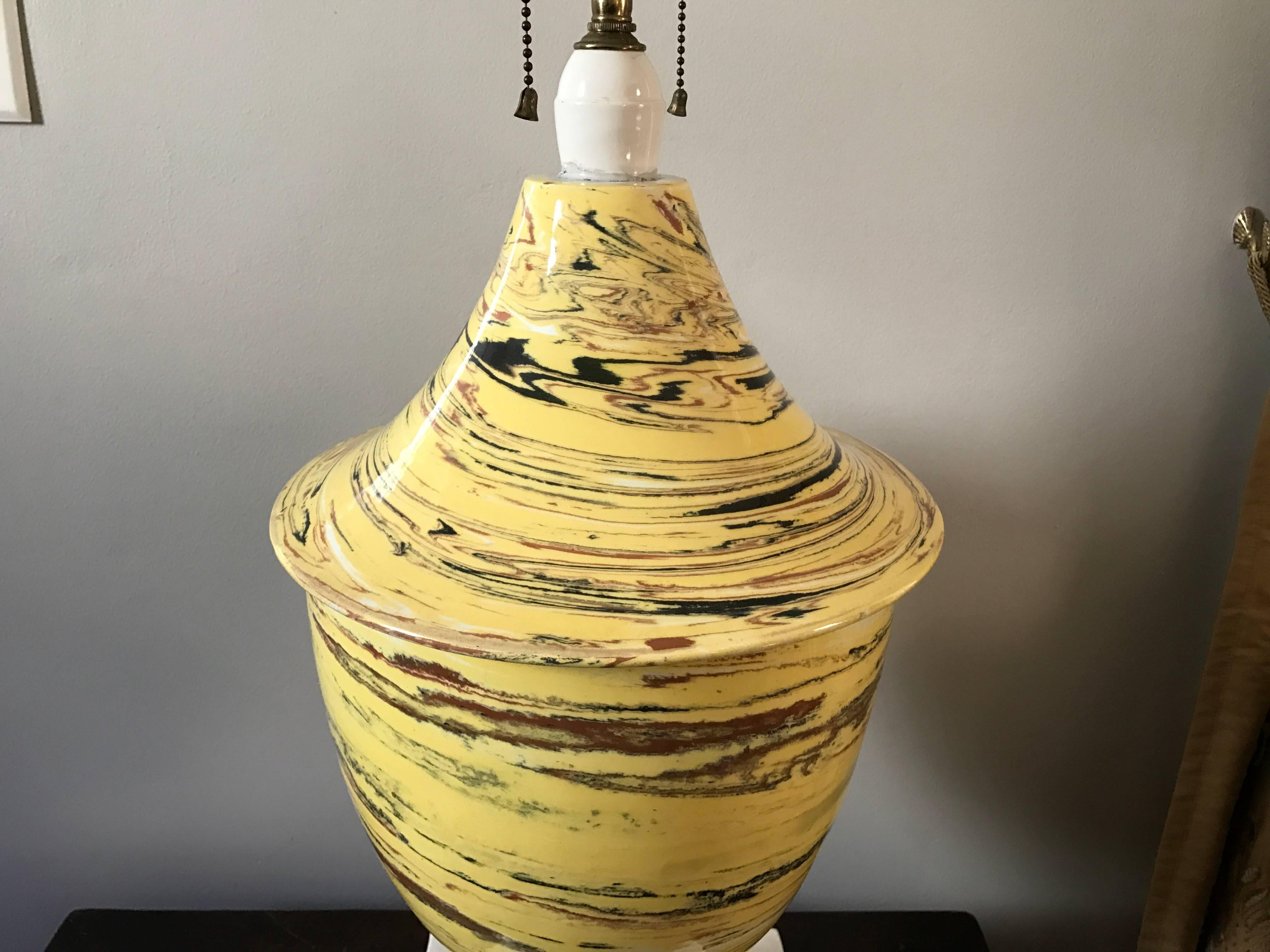 20th Century Italian Yellow Agateware Urn Form Pottery Lamp