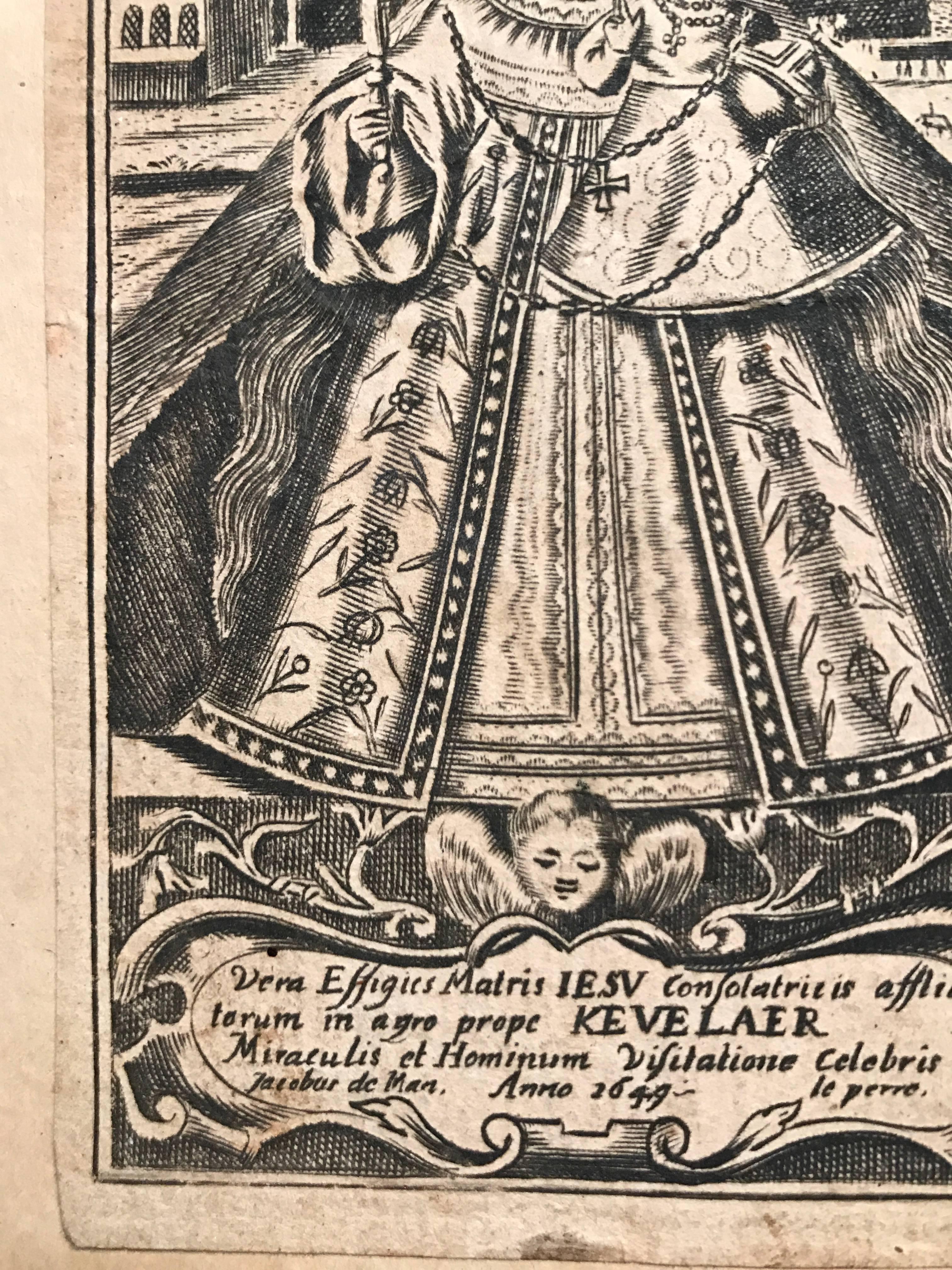 A German copper plate devotional etching of Our Lady of Kevelaer, Consoler of the Afflicted. Signed Jacobus de Man, dated 1649. Information on the original devotional print below. A very interesting story. 

6 by 4.5 inches frame 4.75 by 3 inches