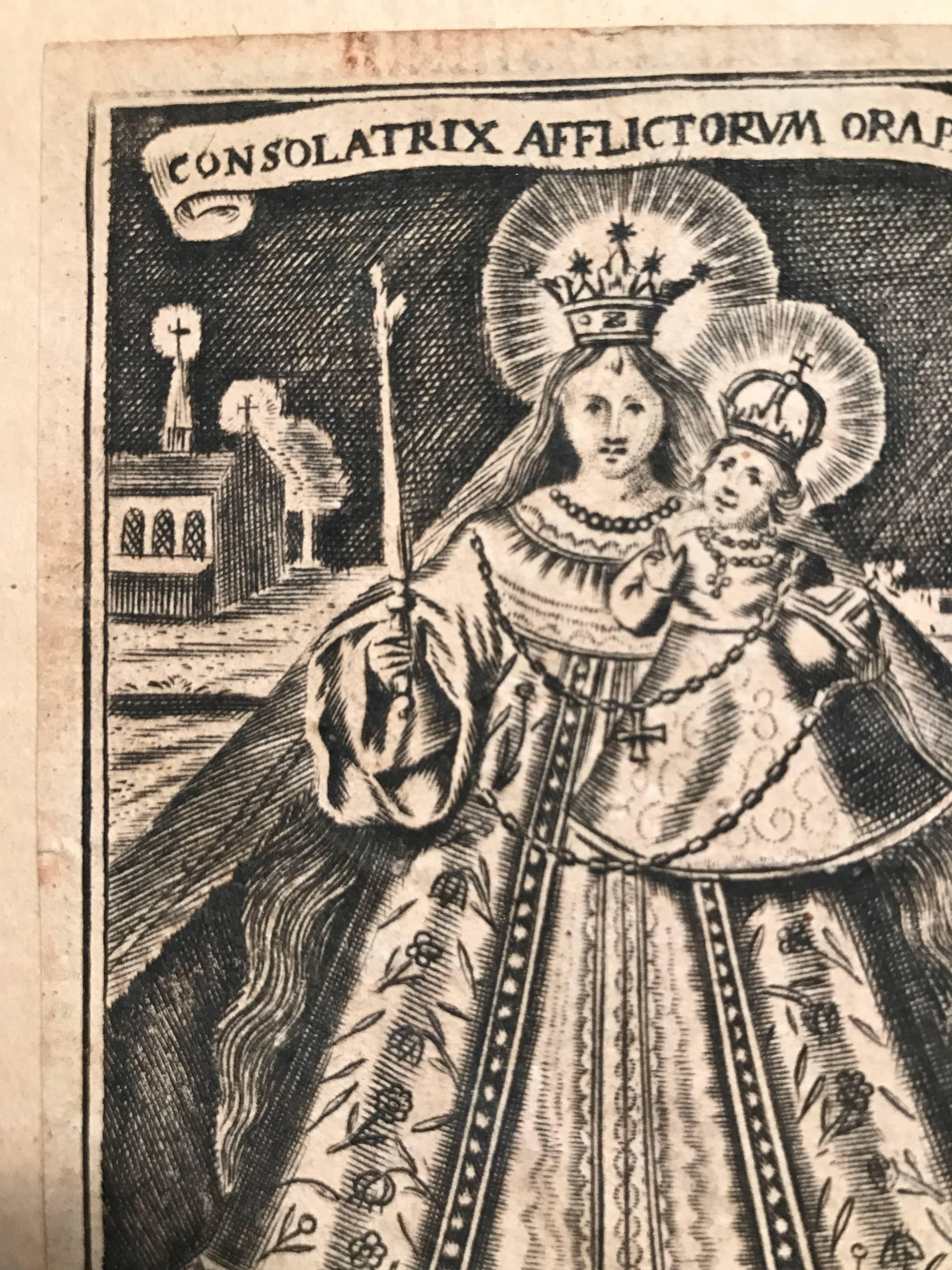 18th Century and Earlier Baroque Etching of Mary, Consoler of the Afflicted, Devotional Print, 1649