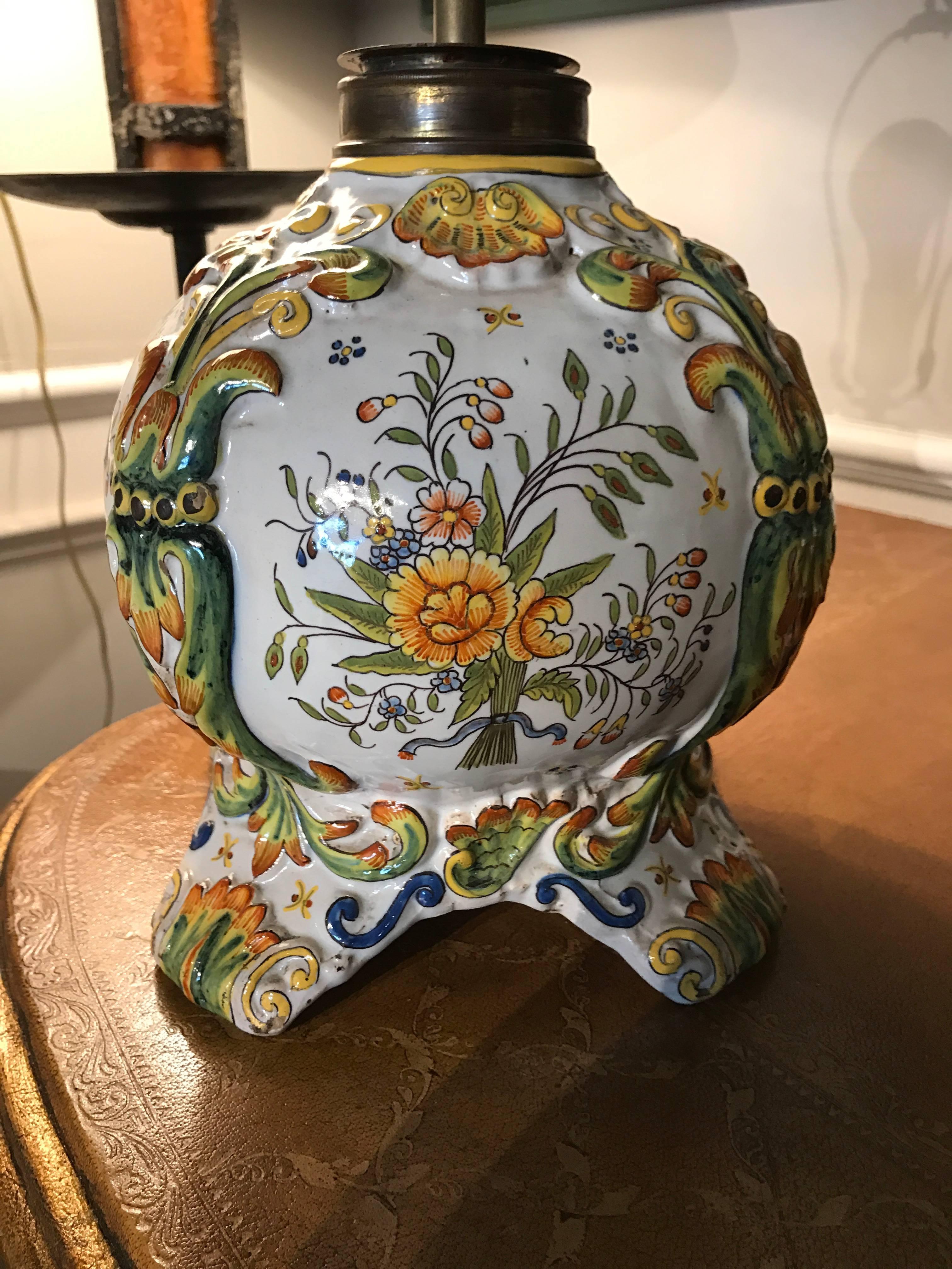 19th Century French Glazed Faience Rouen Lamp by Fourmaintraux Freres