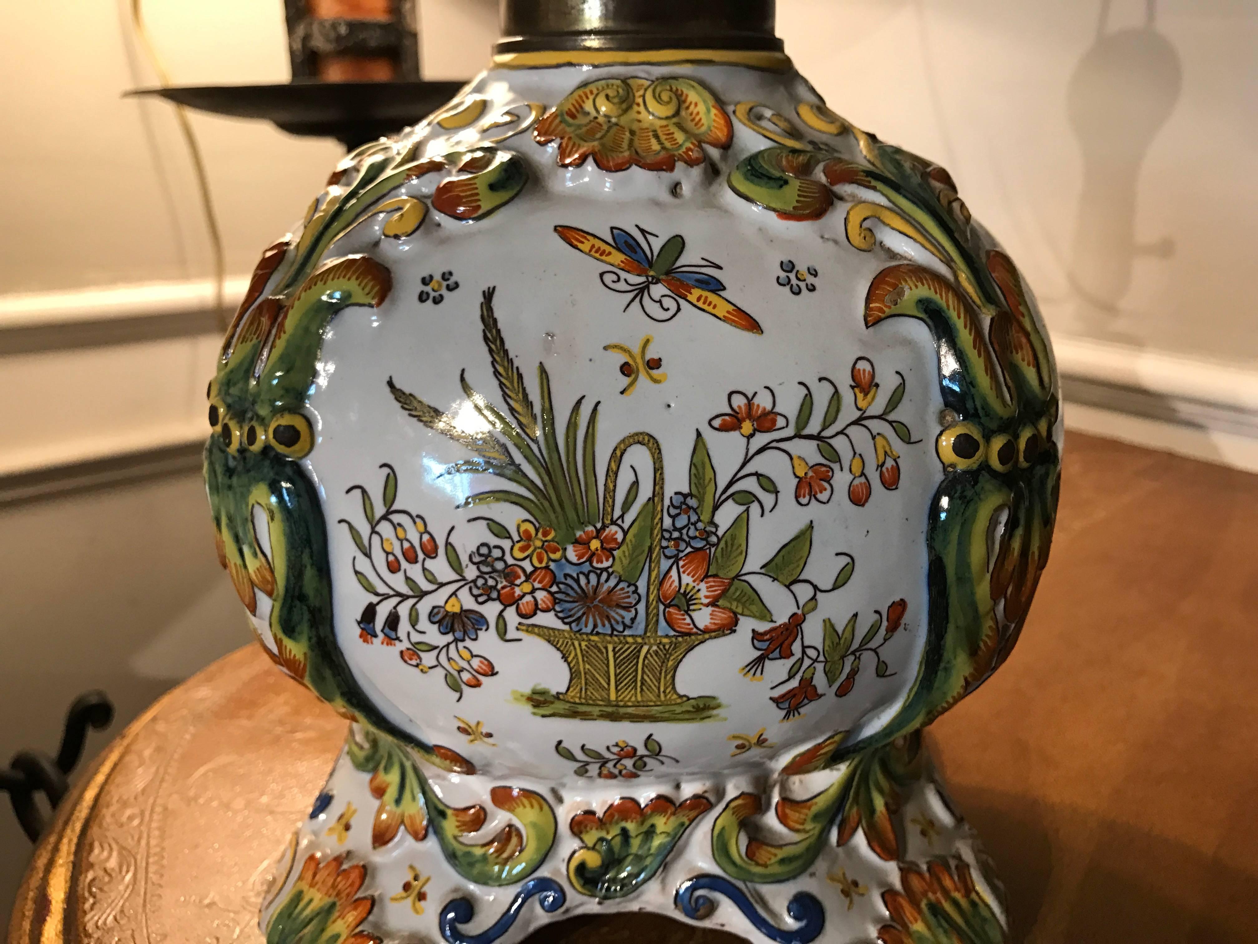 French Glazed Faience Rouen Lamp by Fourmaintraux Freres In Excellent Condition In Stamford, CT