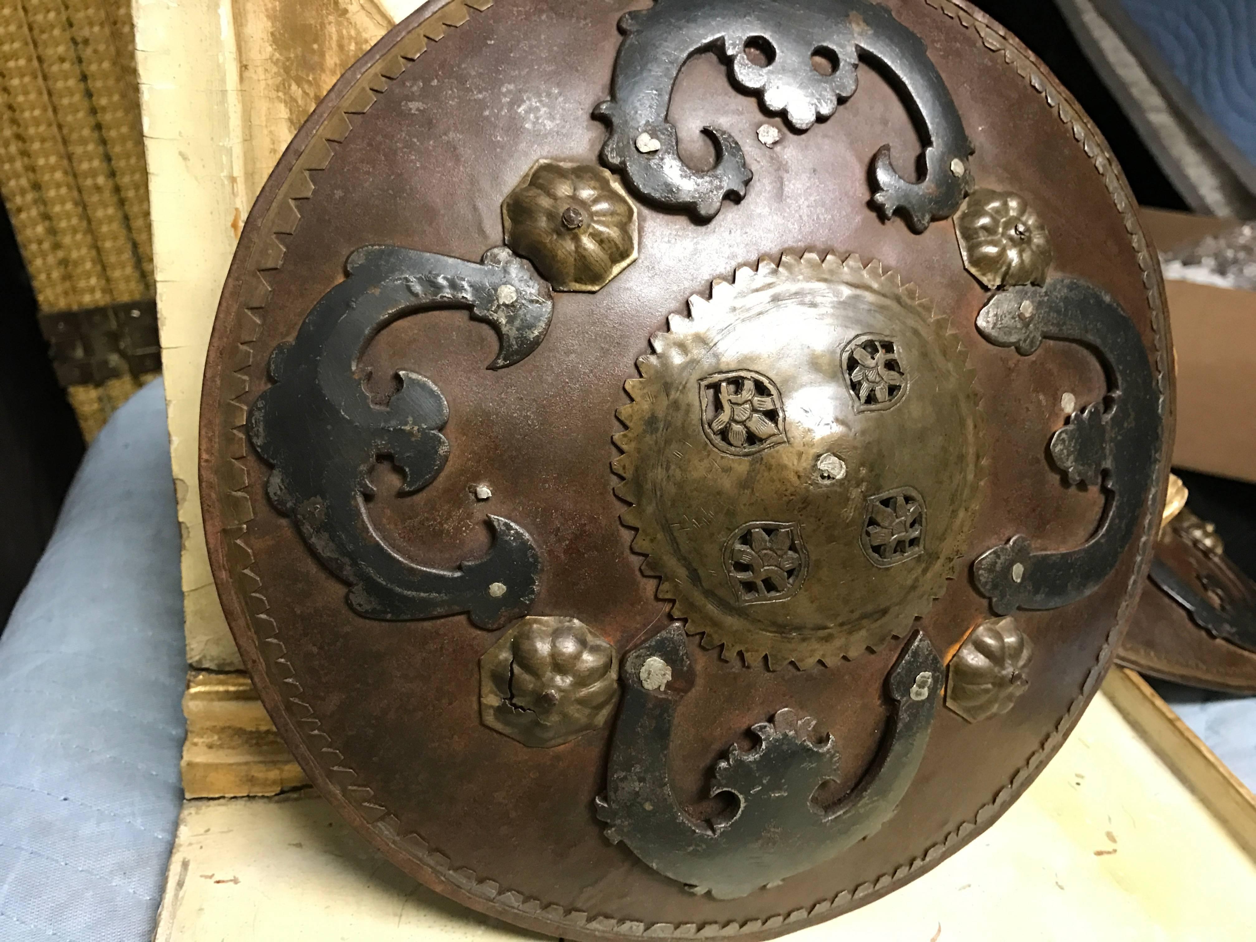 Cast 19th Century Turkish Ottoman Miniature Iron and Brass Battle Shield For Sale