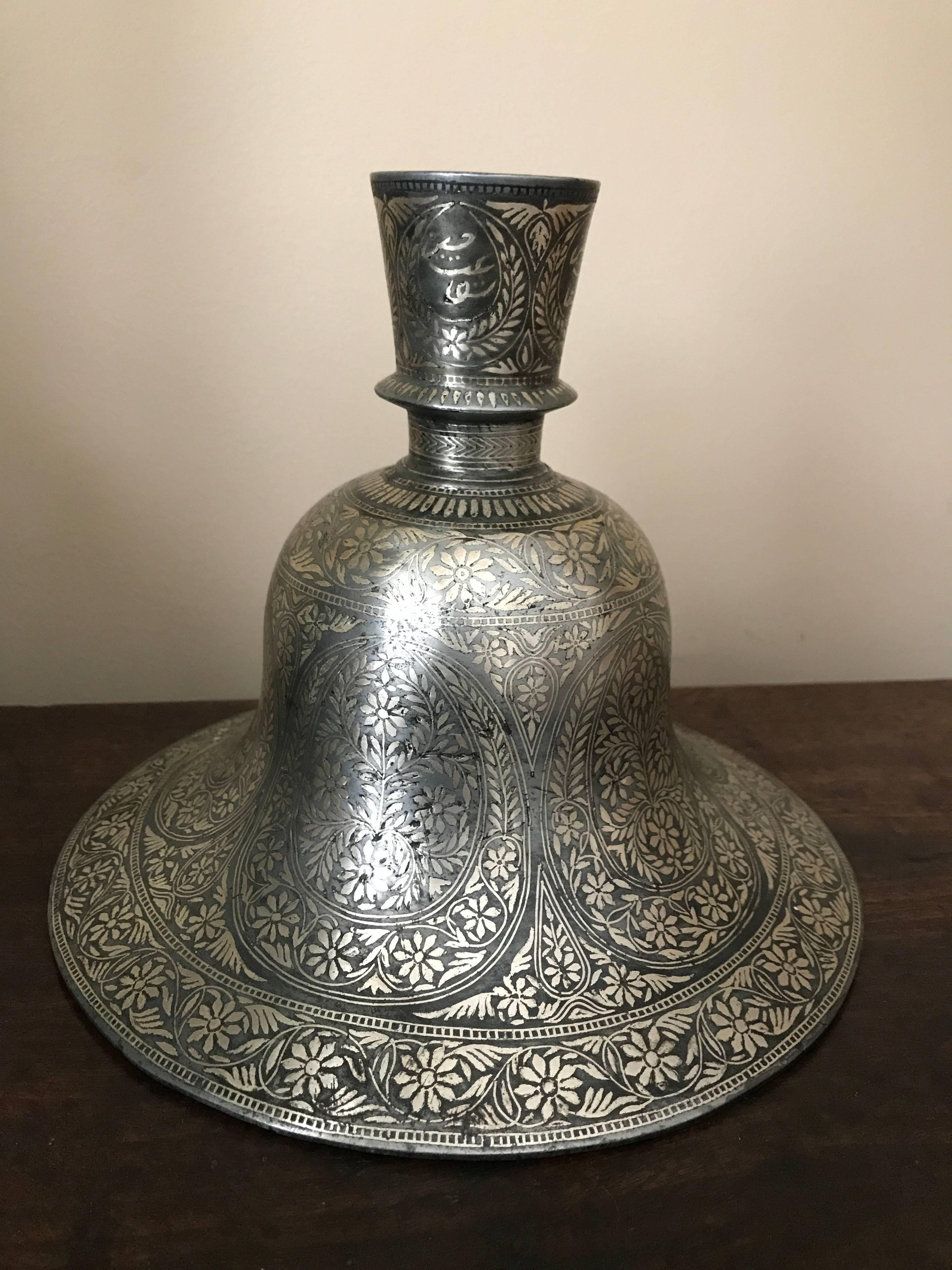 19th Century Indian Mughal Silver Inlaid Bidri Hookah Base