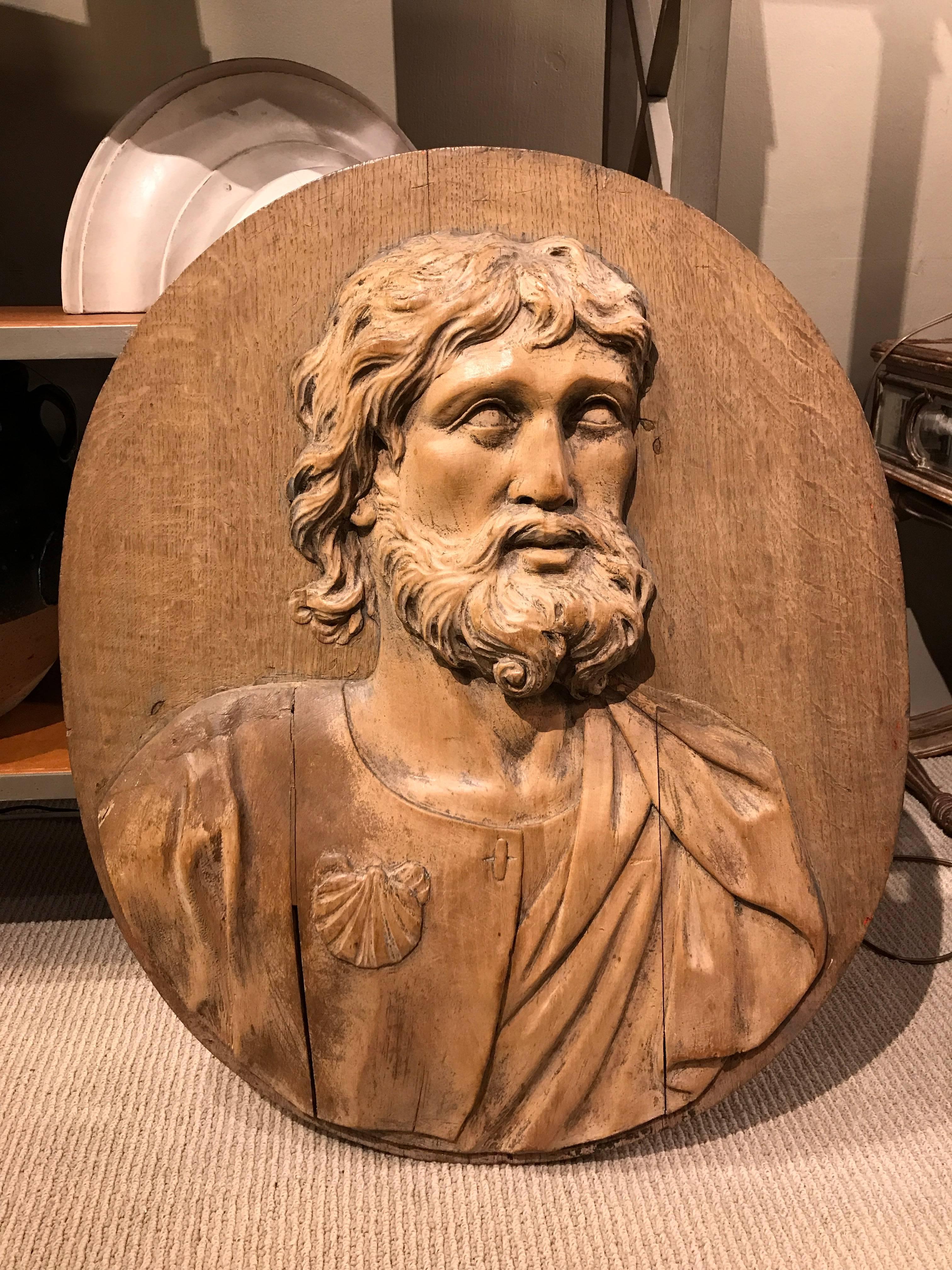 Wood 17th Century Carved Relief of Saint James, Lifesize