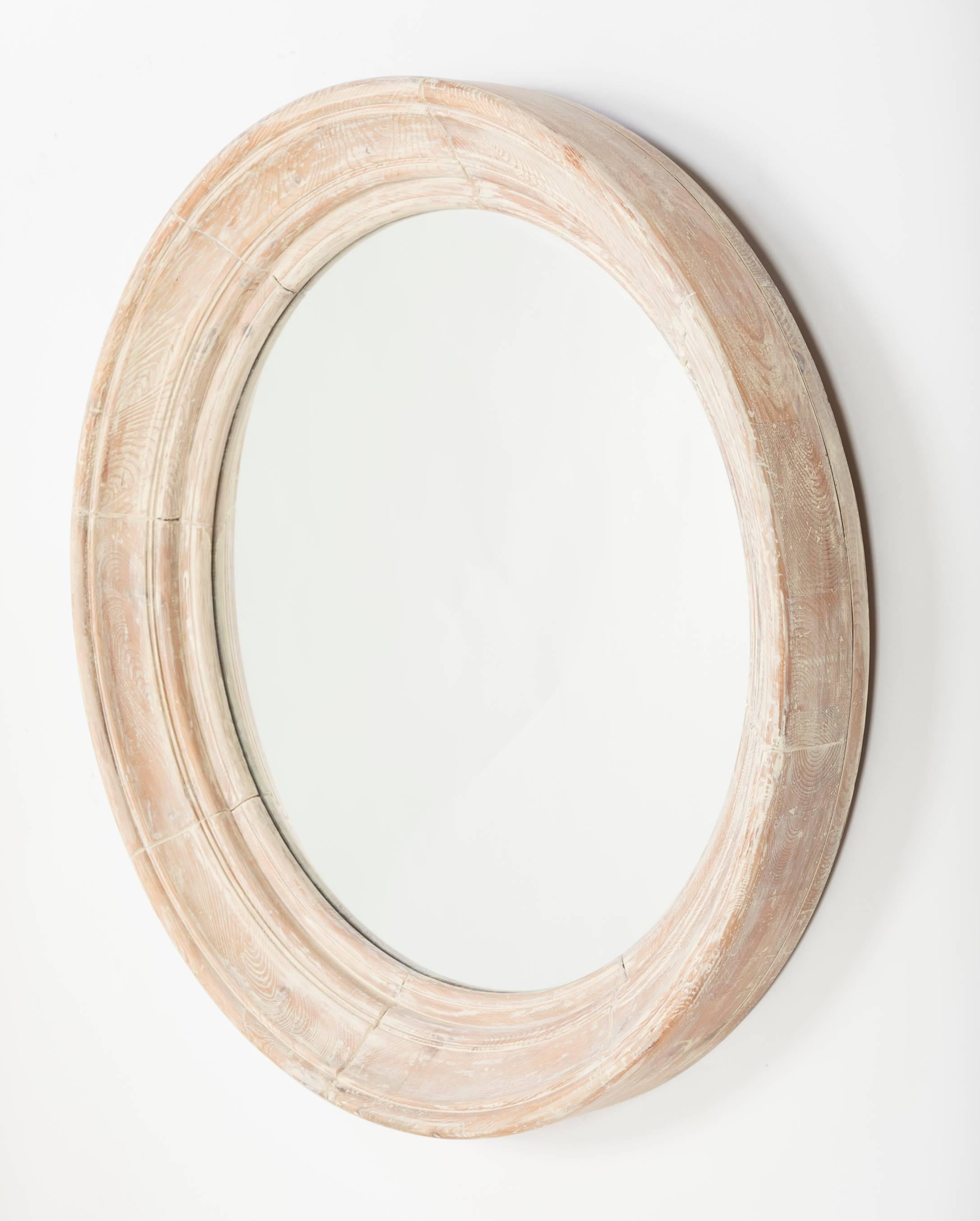 Mid-Century Modern French Large Scale Cerused Pine Round Mirror