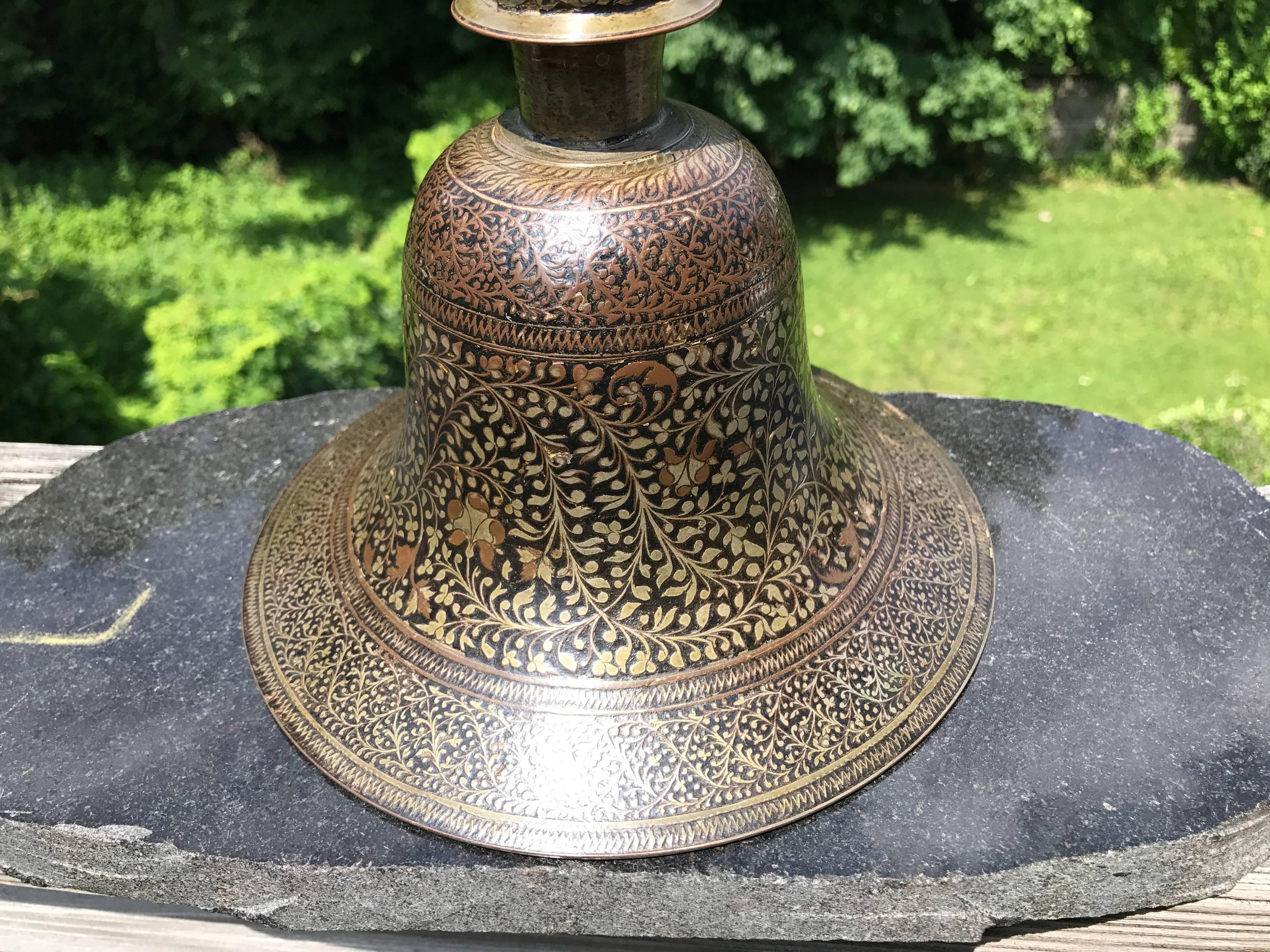 19th Century Indian Mughal Lacquered and Silver Inlaid Bidri Hookah Base