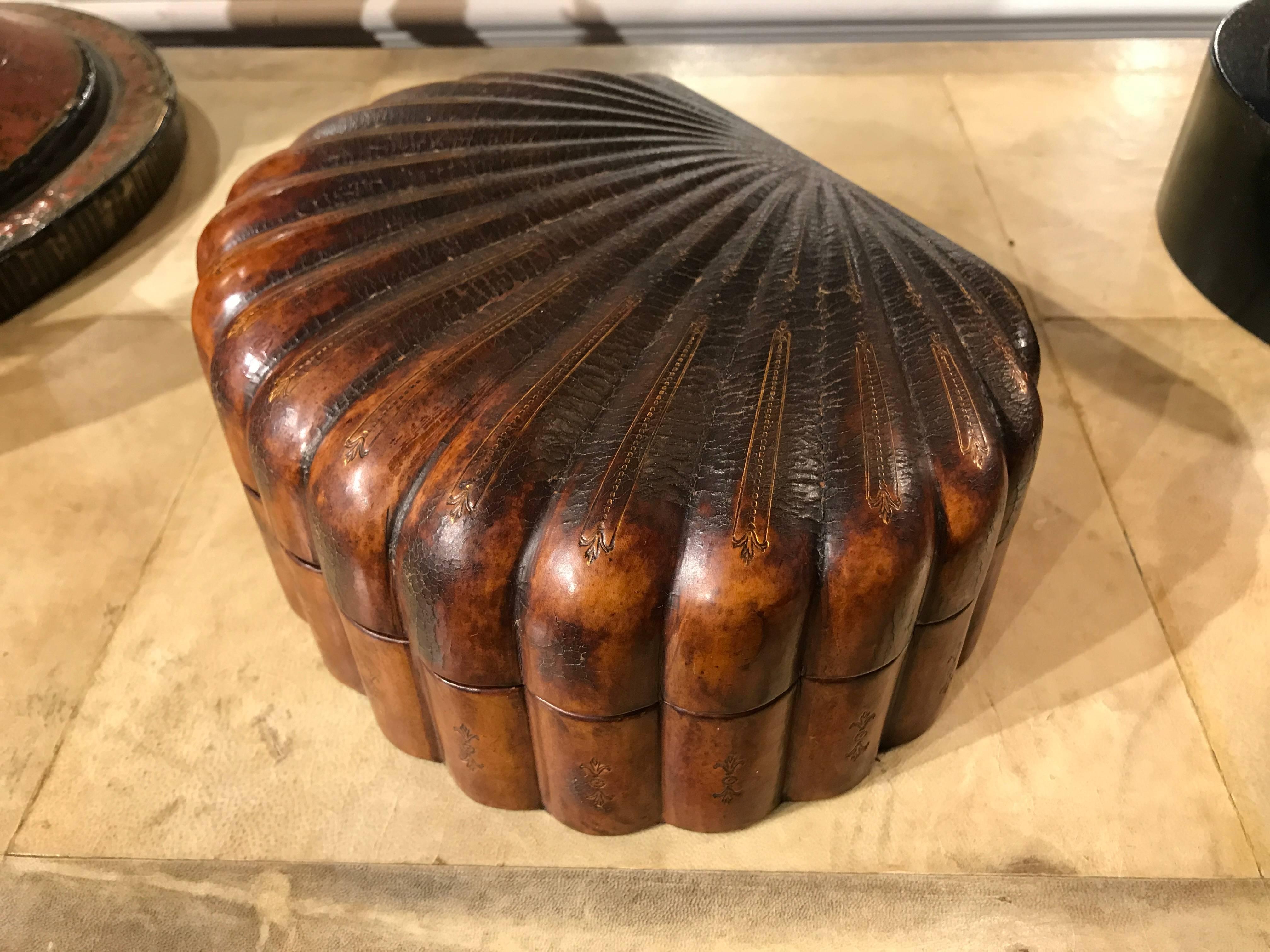 Neoclassical Italian Leather Scallop Form Box with Gilt Tooling