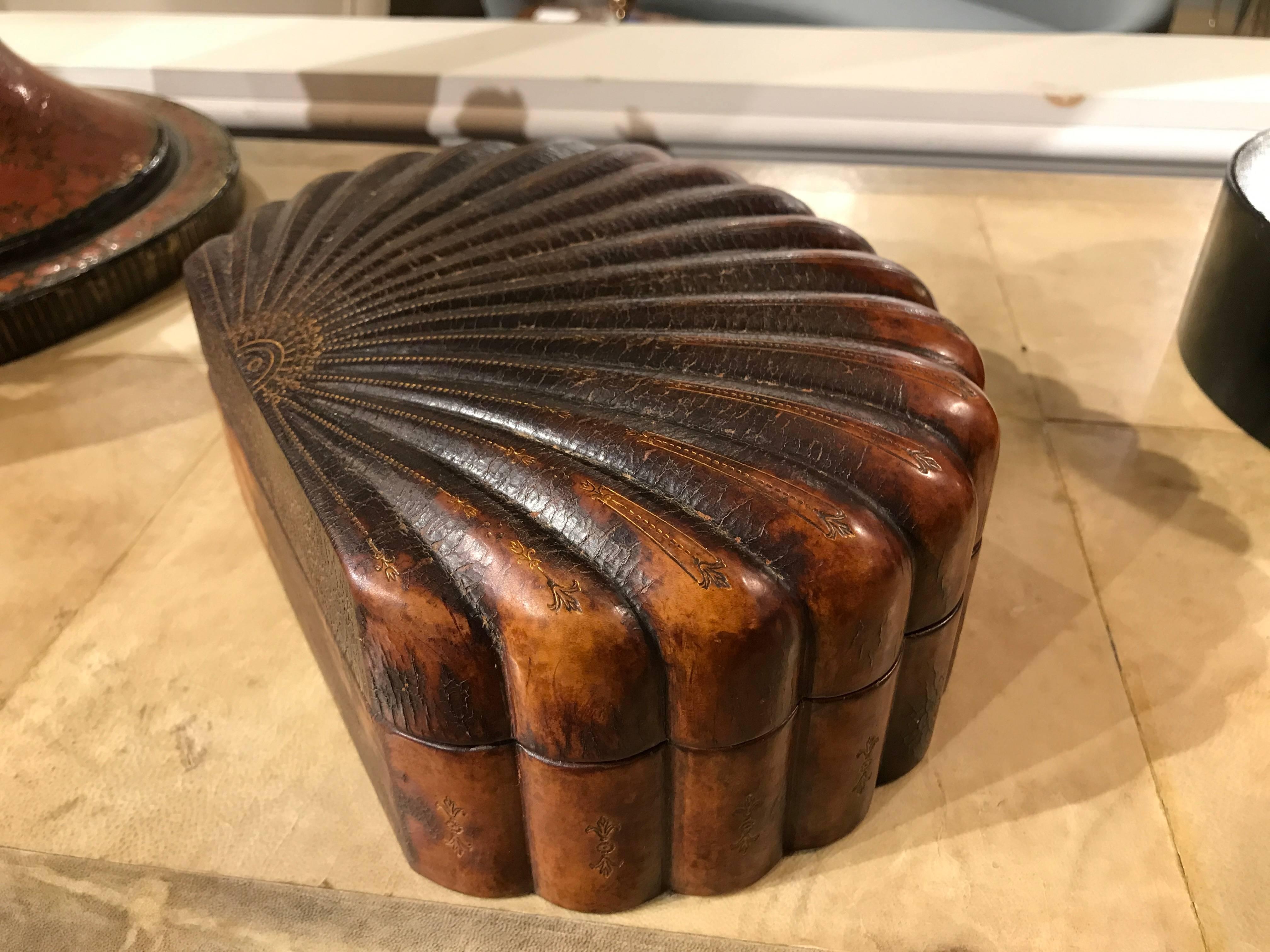 Italian Leather Scallop Form Box with Gilt Tooling In Excellent Condition In Stamford, CT