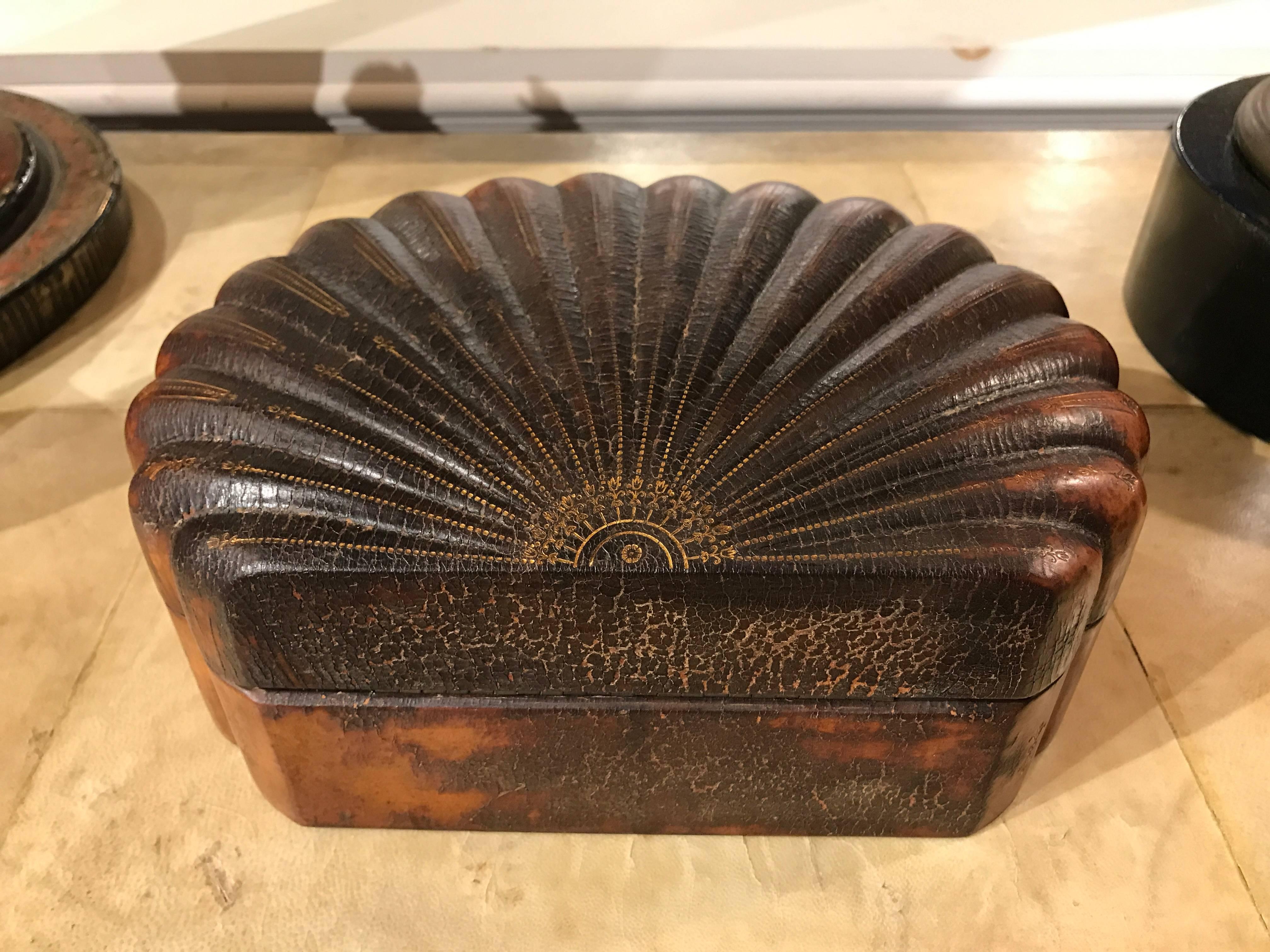 20th Century Italian Leather Scallop Form Box with Gilt Tooling