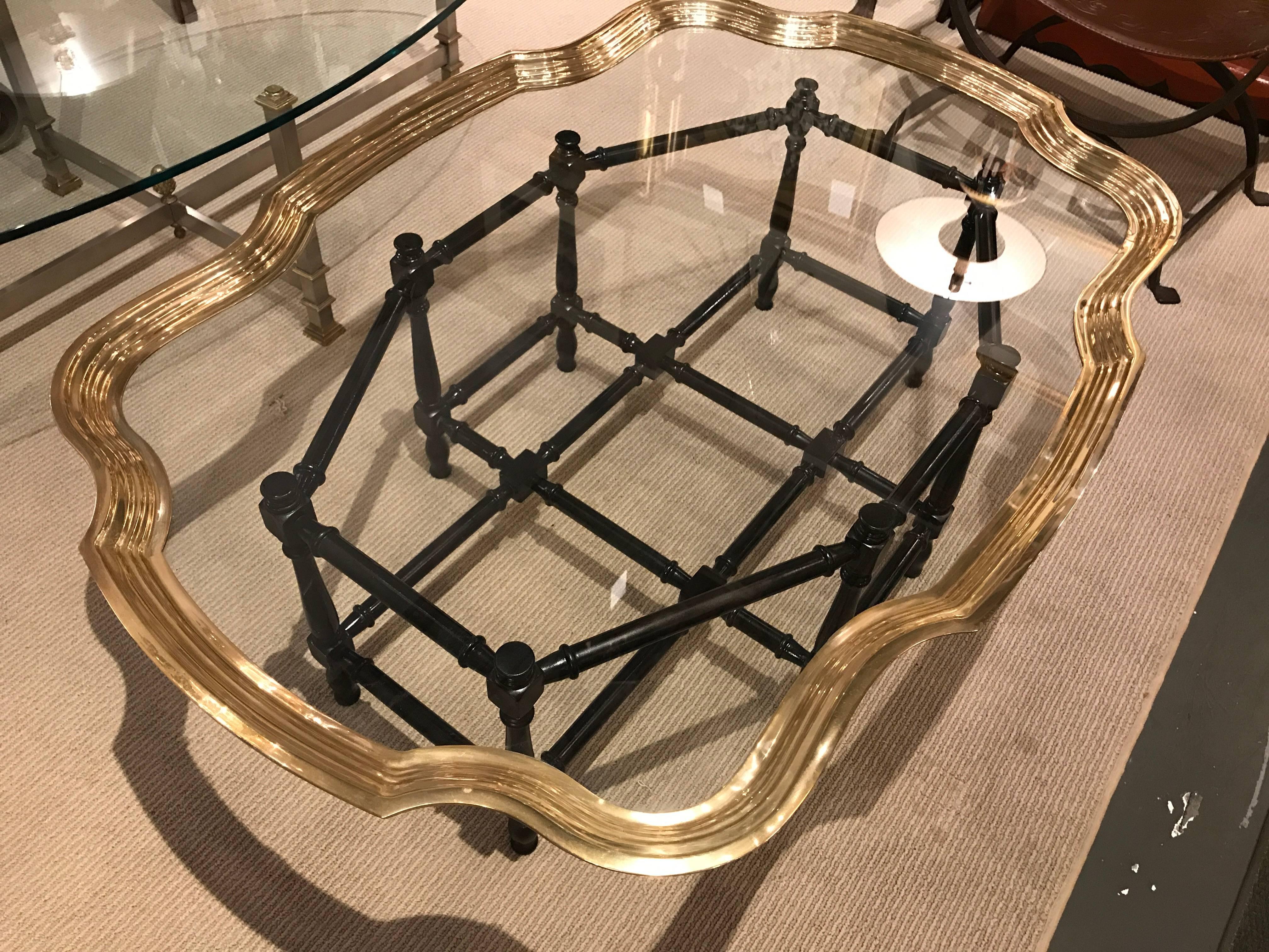 American Mid-Century Brass and Glass Coffee Table with Faux Bamboo Base