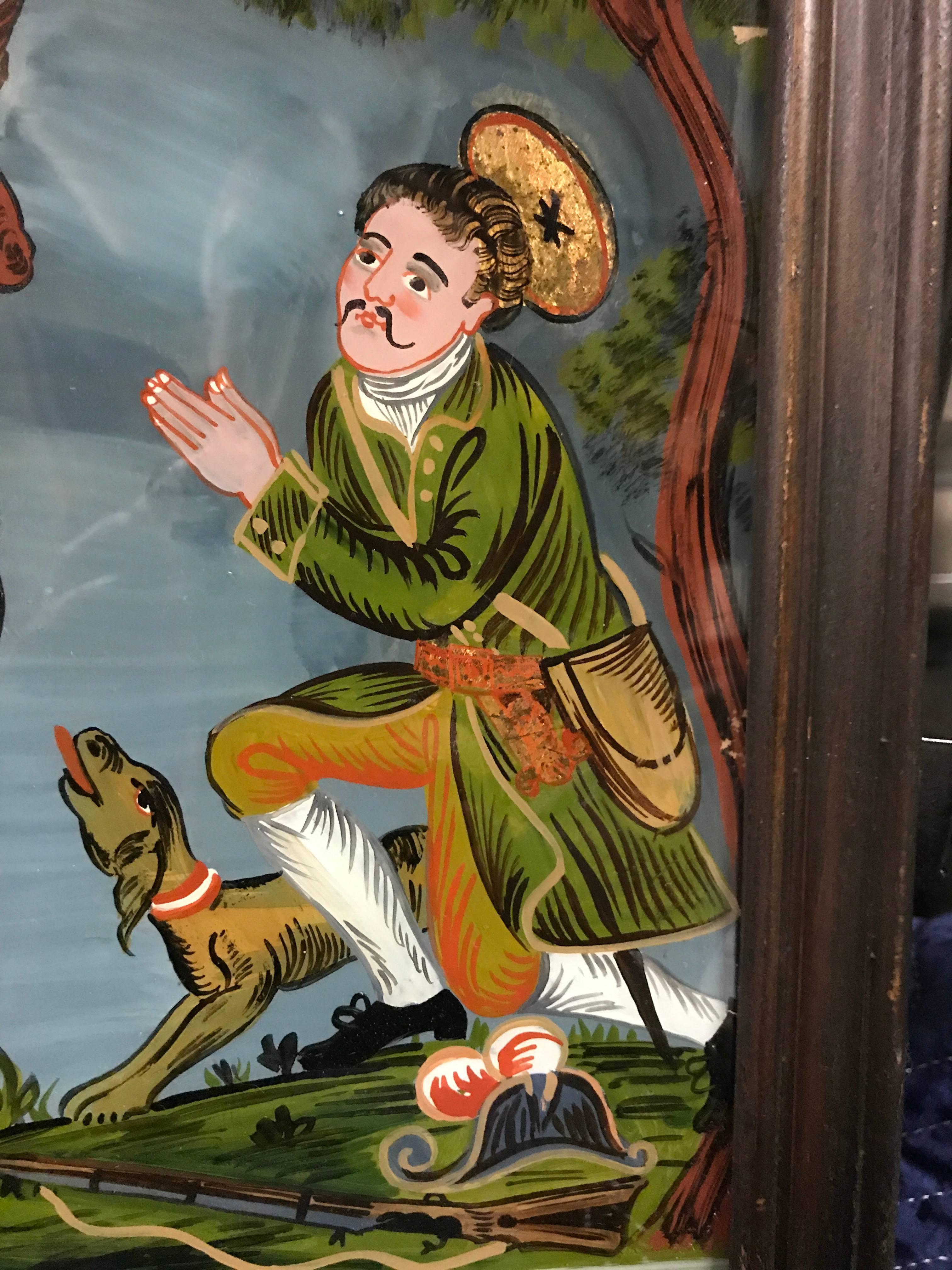 German Reverse Glass Painting of Saint Hubertus, Patron Saint of Hunters