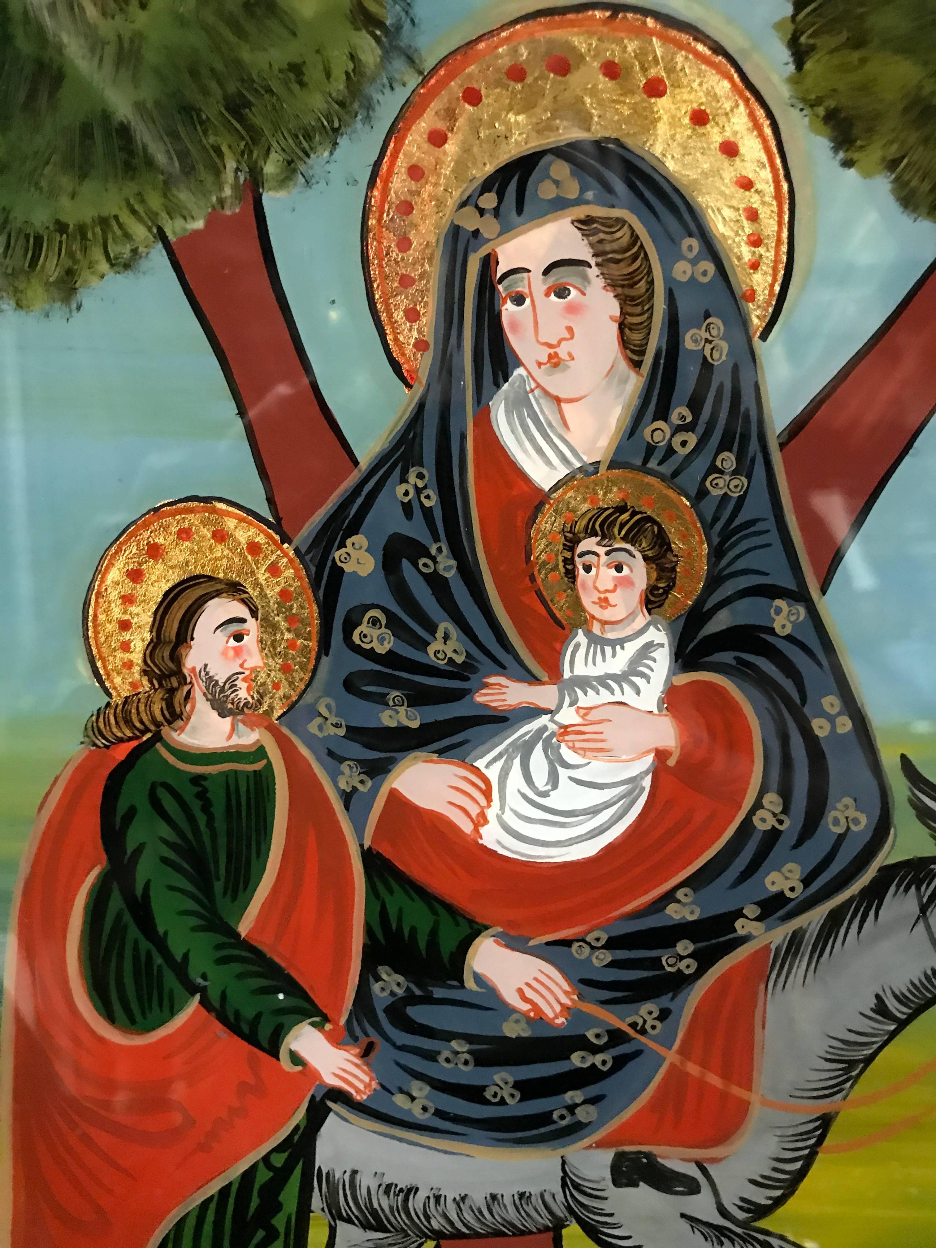 Folk Art 19th Century Reverse Glass Painting of The Holy Family, 