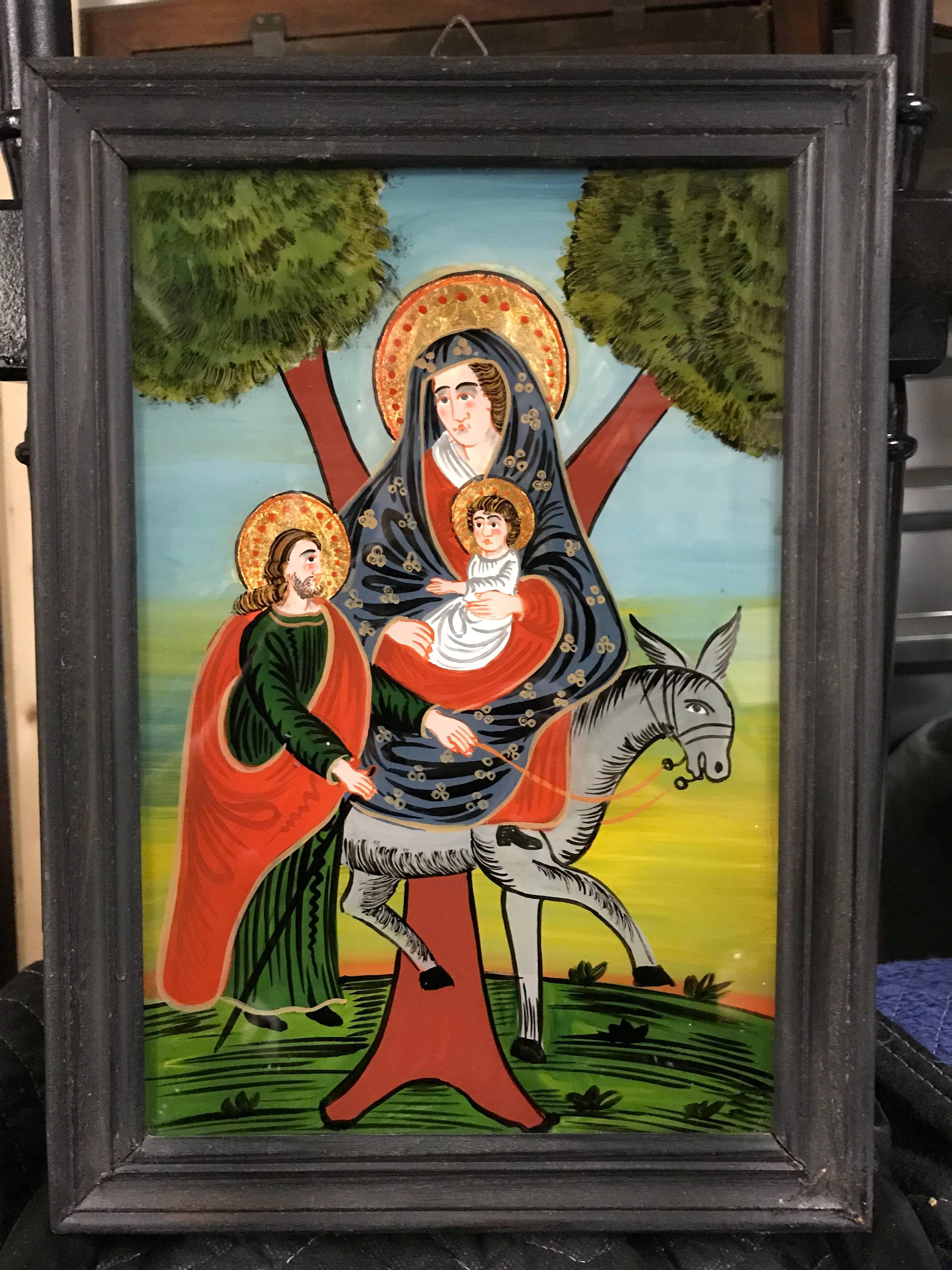 Hand-Painted 19th Century Reverse Glass Painting of The Holy Family, 