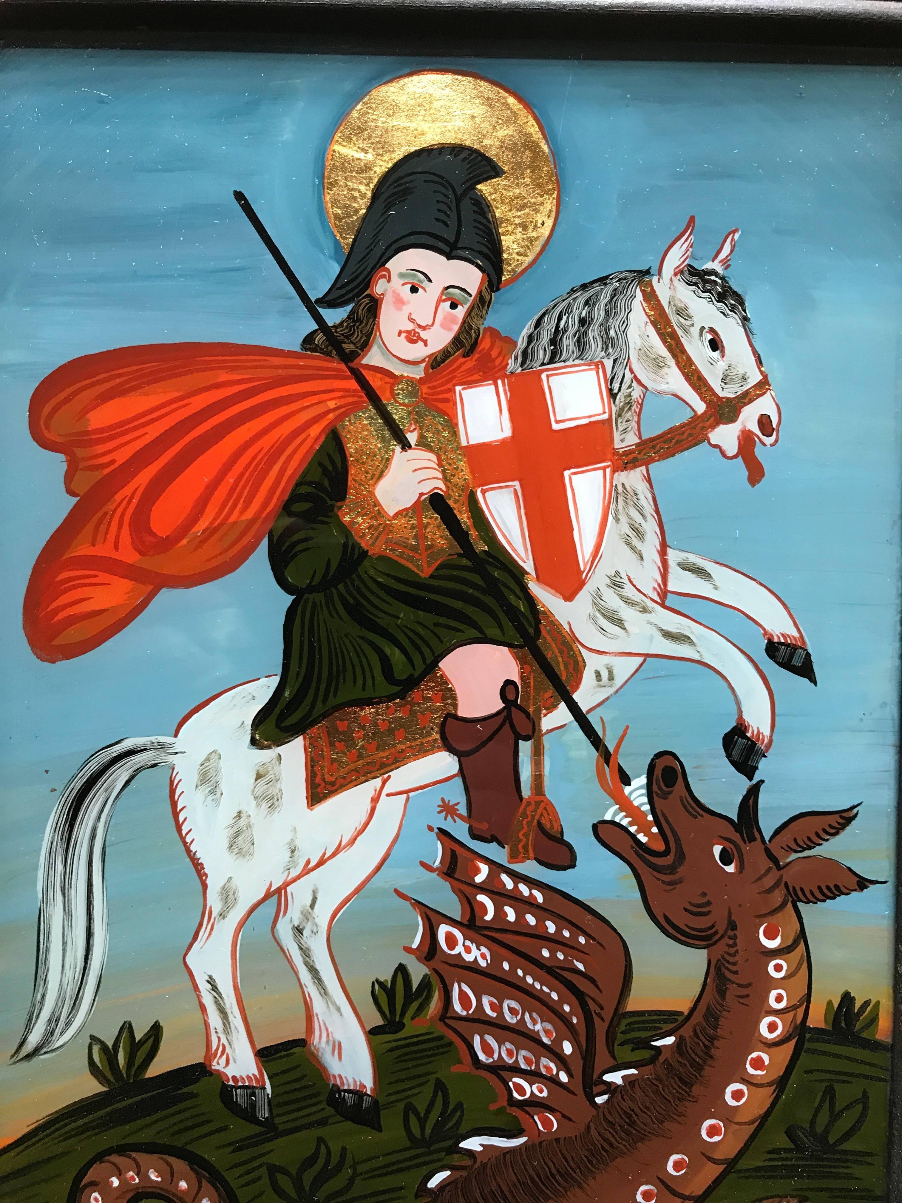 Hinterglasmalerei von Saint George und dem Drachen (Volkskunst) im Angebot
