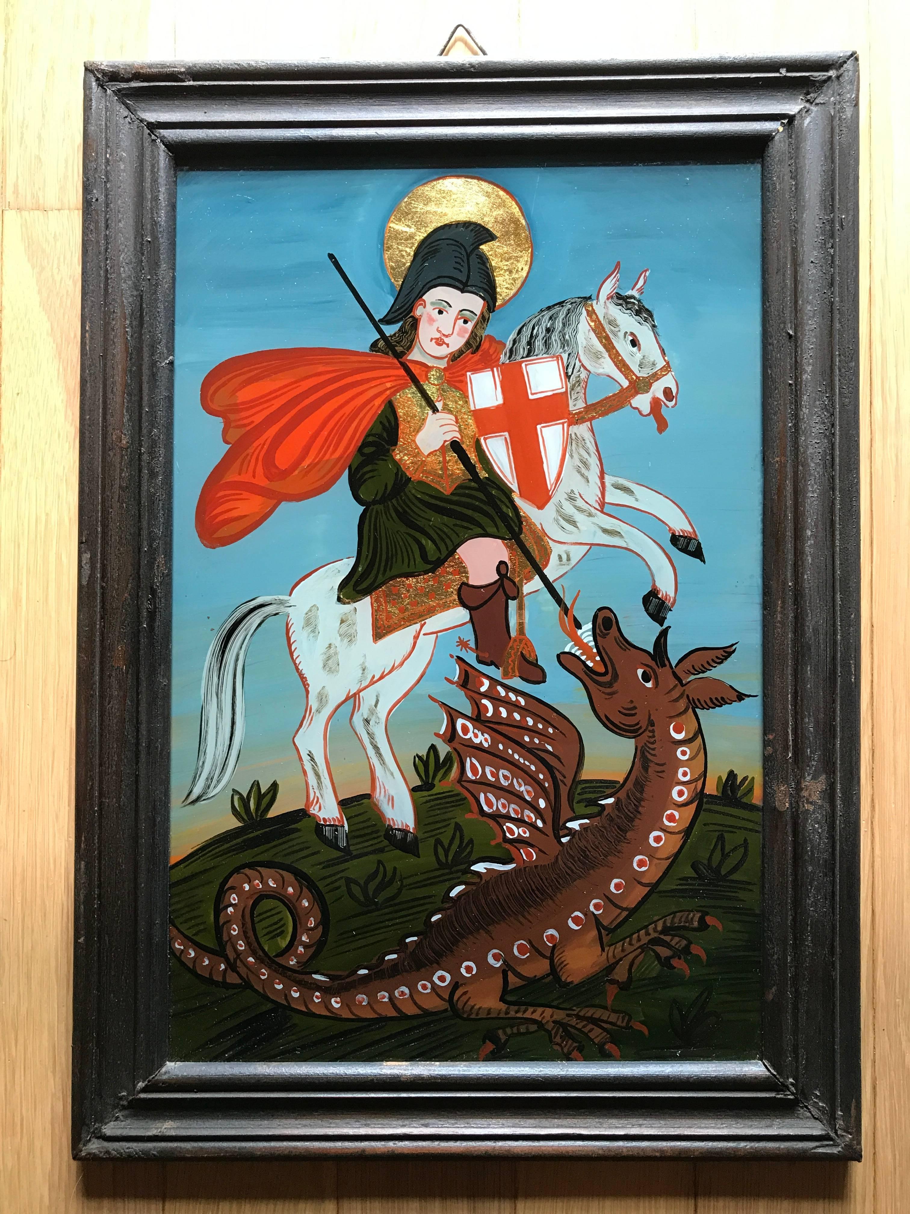 Verre Églomisé Reverse Glass Painting of Saint George and the Dragon For Sale