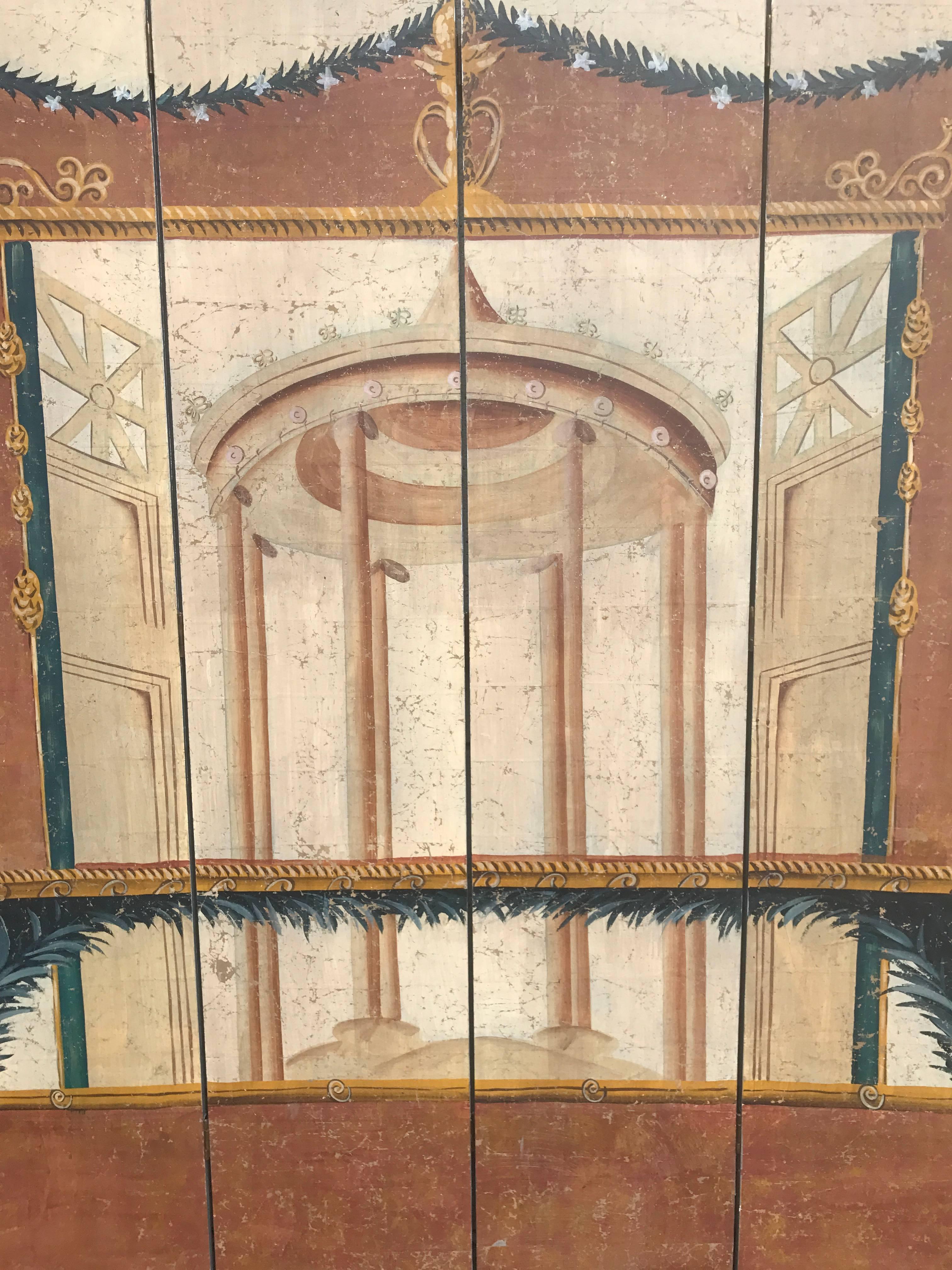 18th century Italian four-panel painted wallpaper made into a screen depicting a Roman rotunda or temple structure in the style and coloring of the frescos found at Pompeii. A great room divider and also makes a wonderful large decorative painting