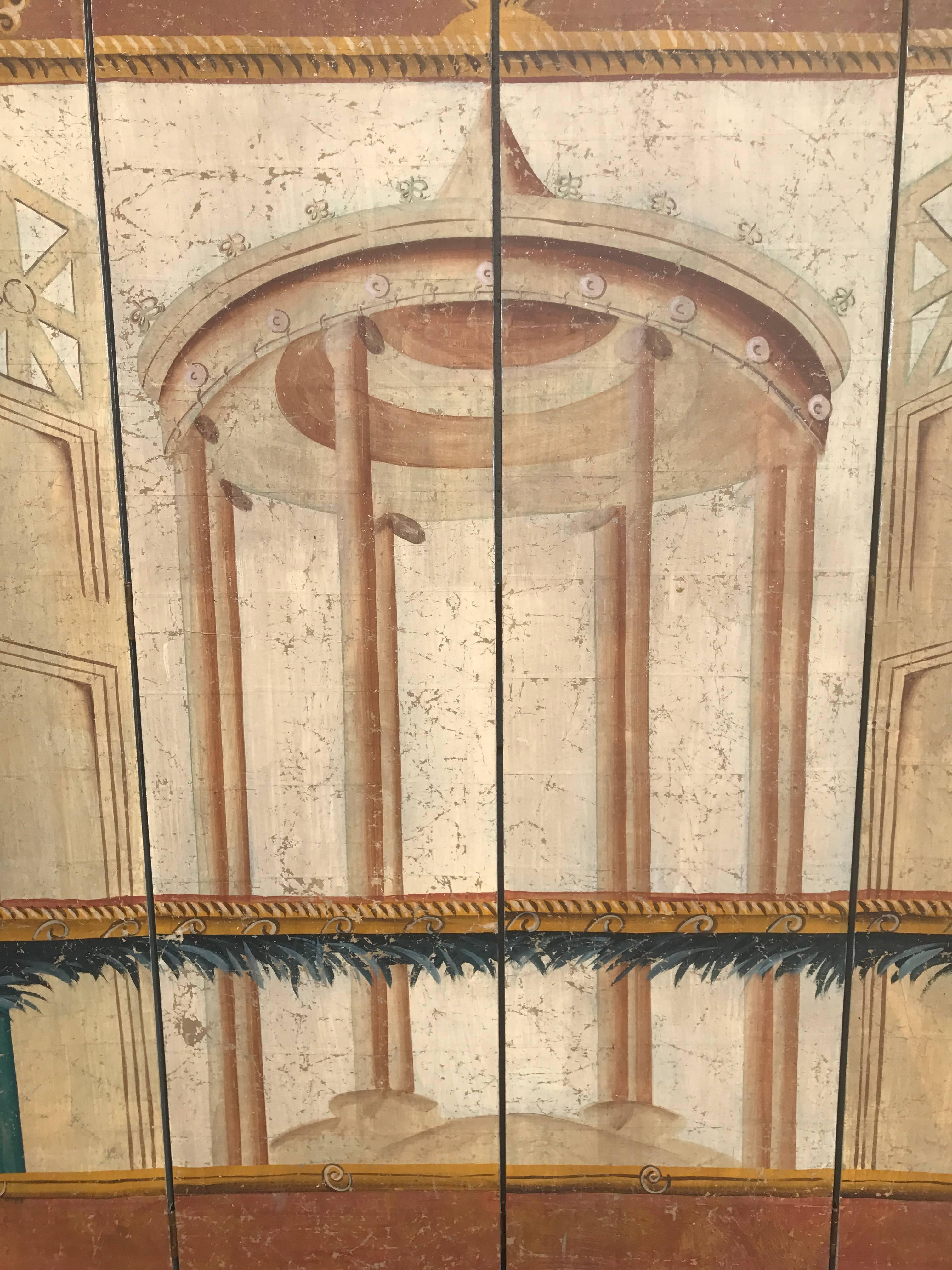 Hand-Painted Italian Neoclassical Painted Four Panel Screen with Pompeiian Fresco