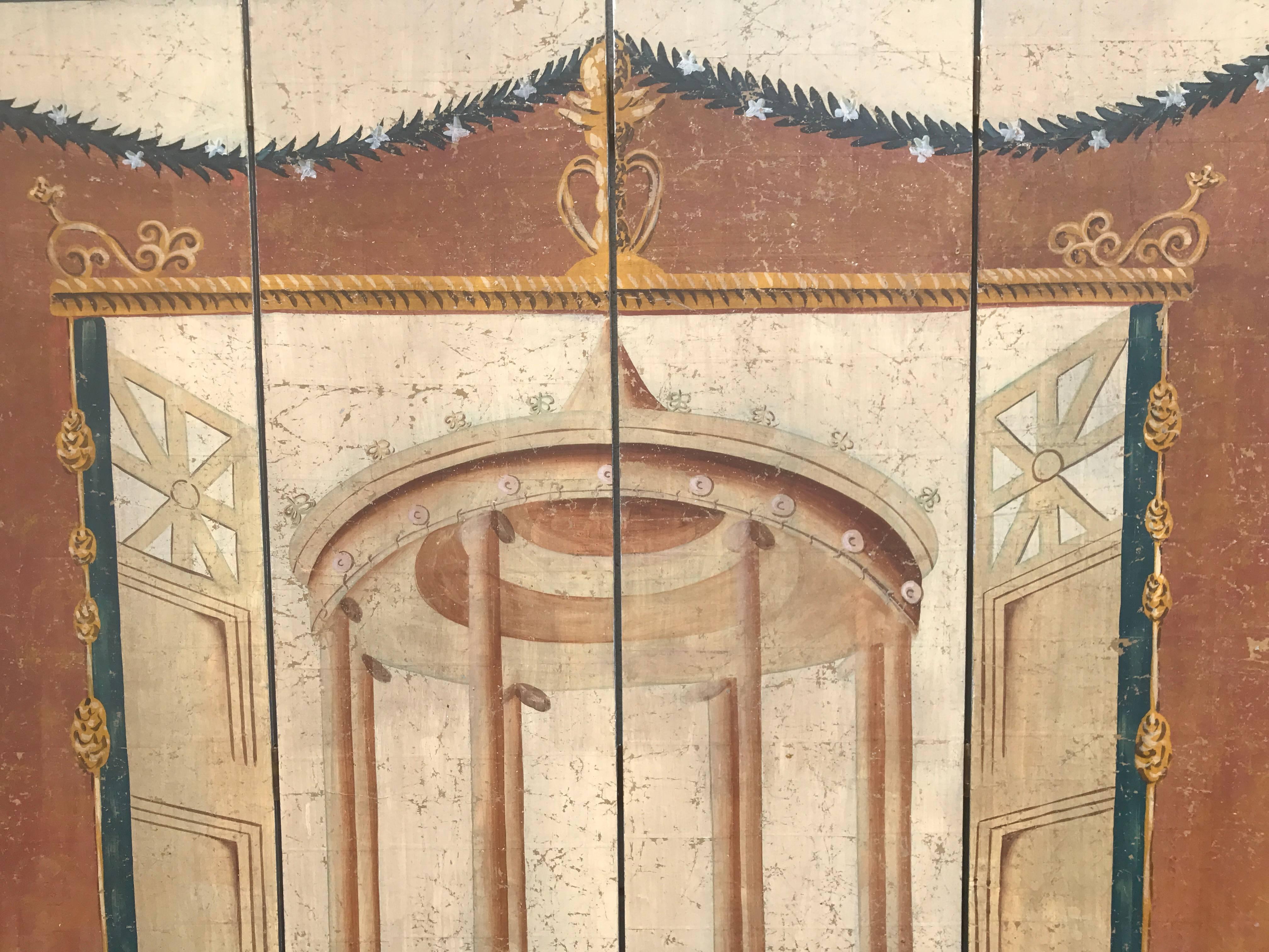 Italian Neoclassical Painted Four Panel Screen with Pompeiian Fresco In Good Condition In Stamford, CT