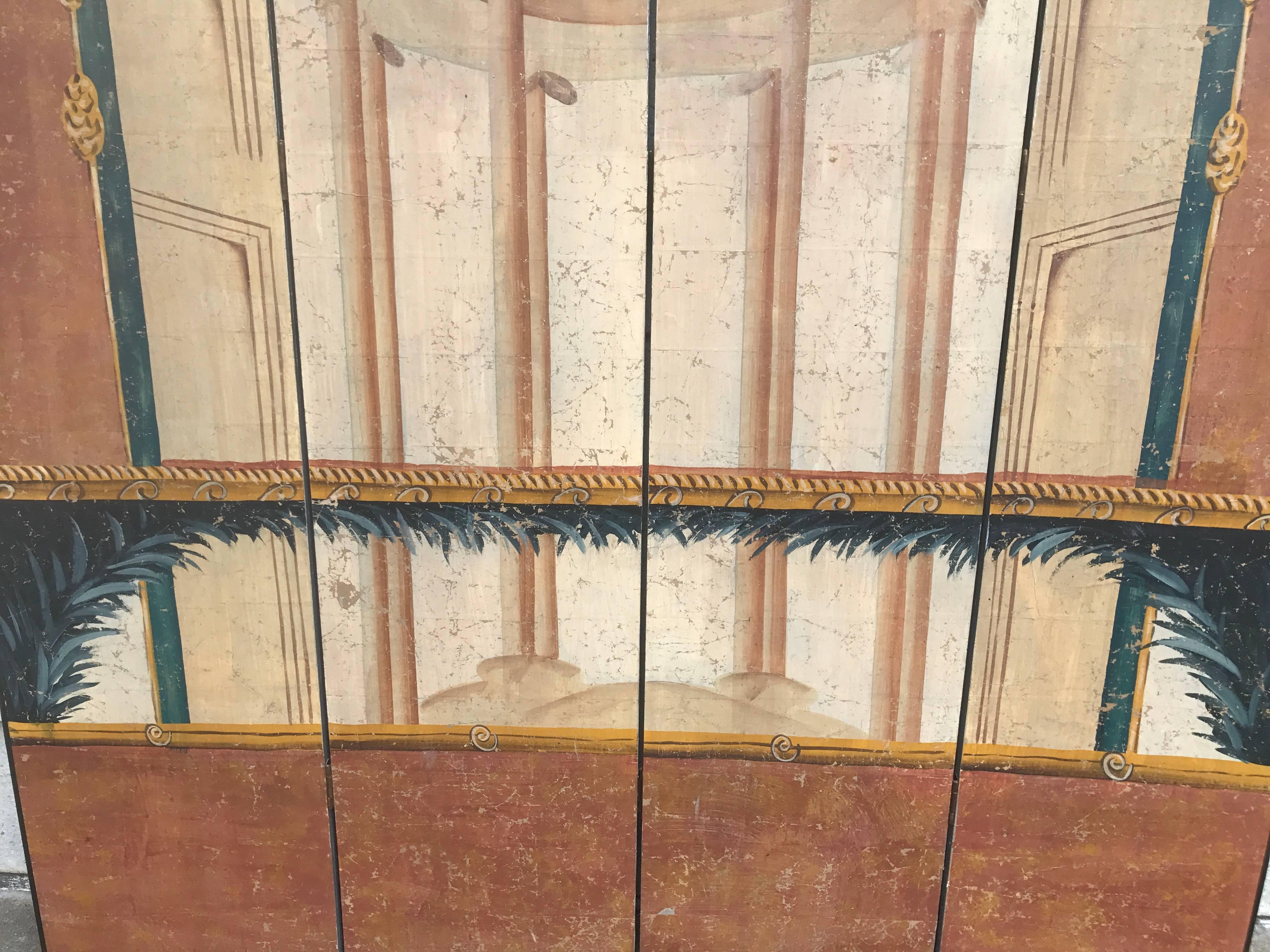 18th Century Italian Neoclassical Painted Four Panel Screen with Pompeiian Fresco