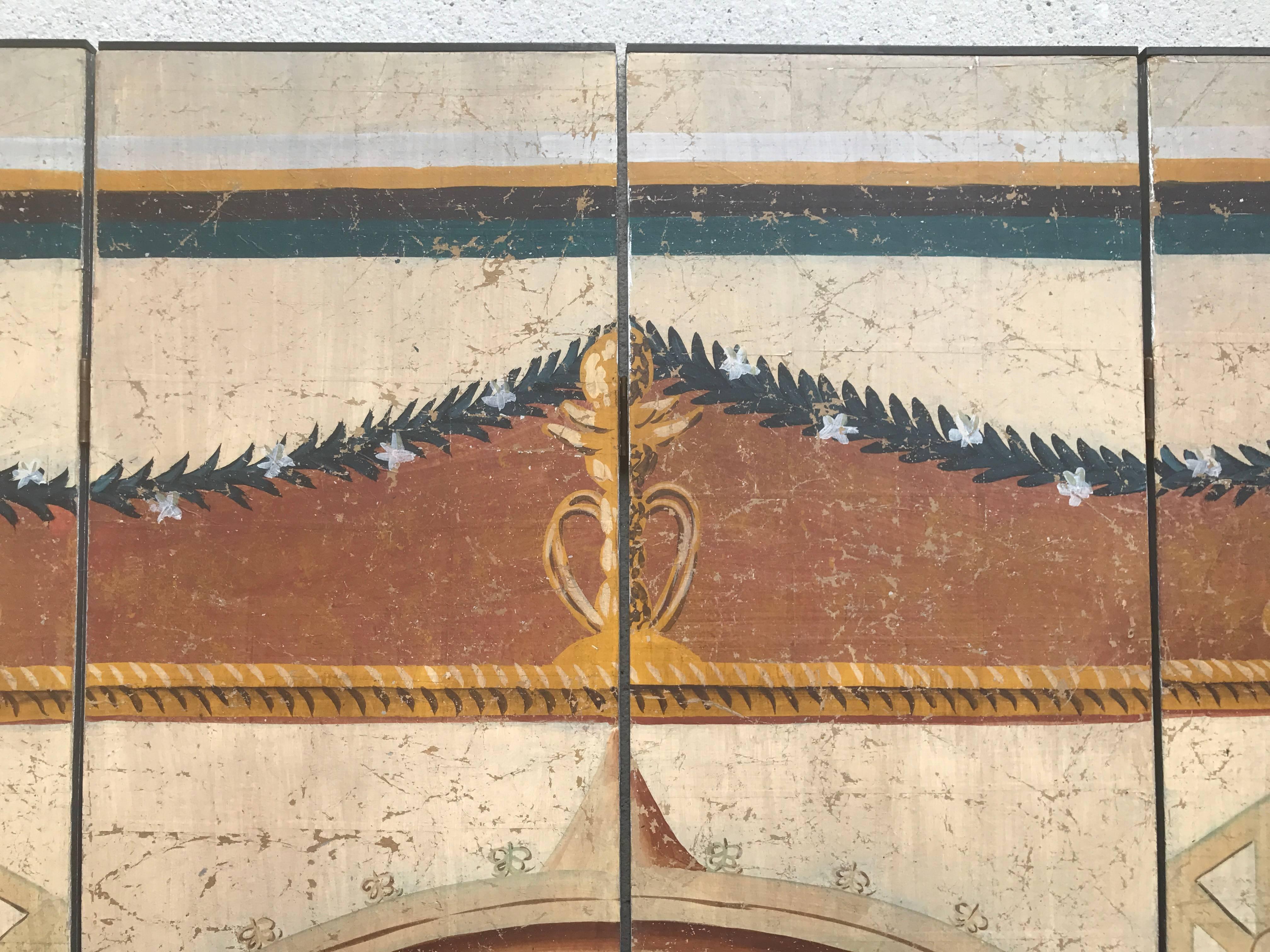 Italian Neoclassical Painted Four Panel Screen with Pompeiian Fresco 2