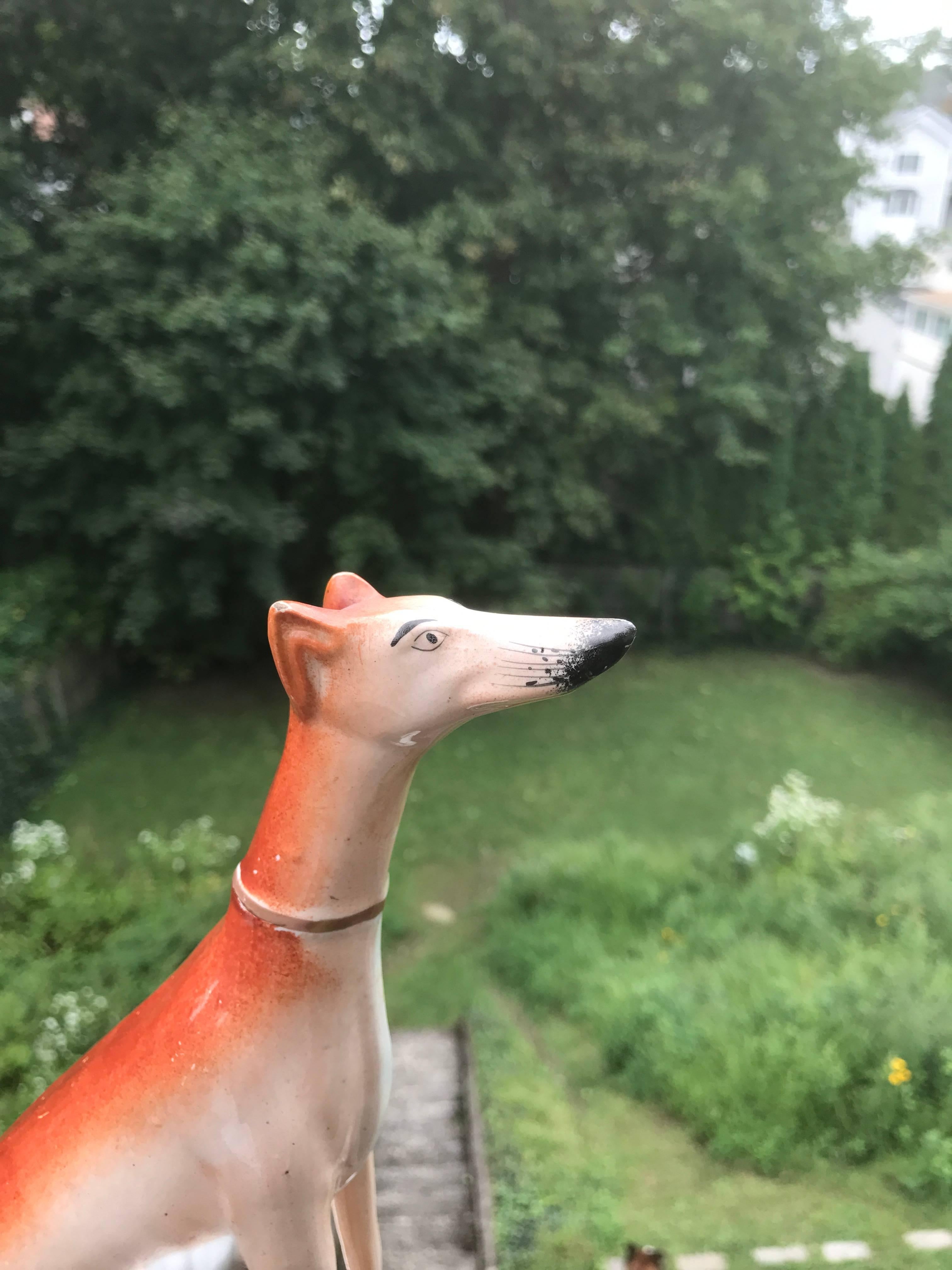 Porcelain Pair of English Staffordshire Greyhounds or Whippets, Large-Scale