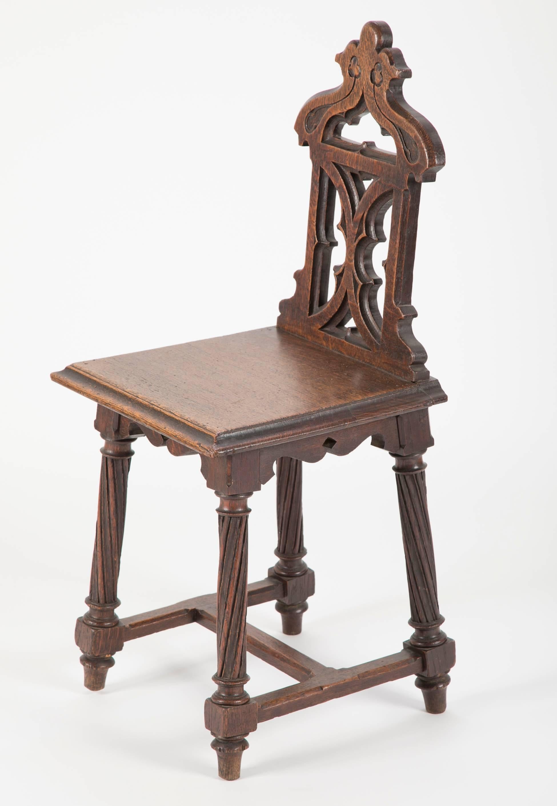 Chamfered Pair of English Gothic Revival Oak Hall Chairs