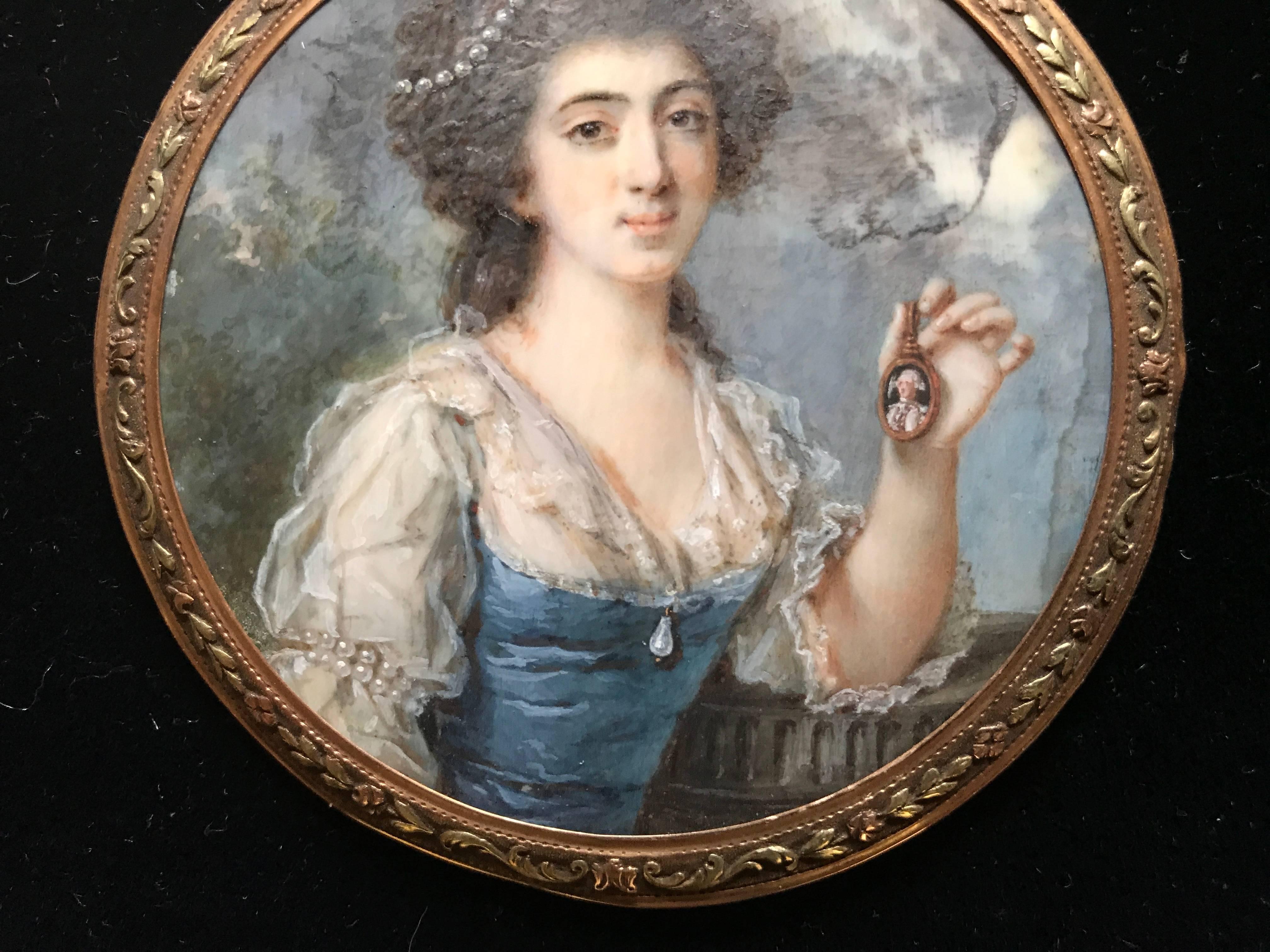 18th Century English Portrait Miniature of a Woman in Gold Frame 1