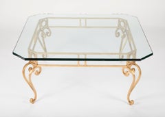 Hollywood Regency Mid Century Modern Gilt Iron Glass Top Coffee Table