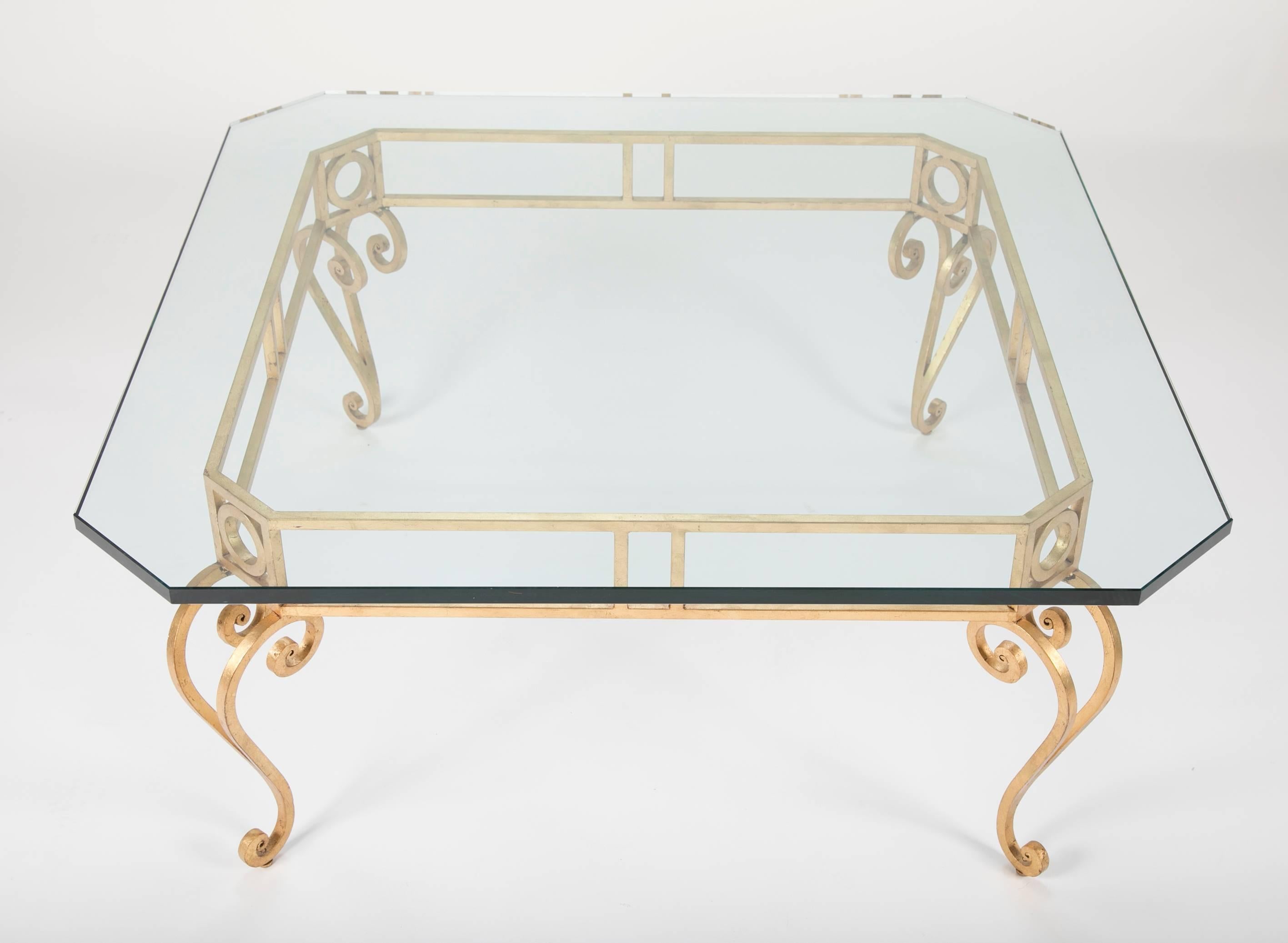 French Hollywood Regency Mid Century Modern Gilt Iron Glass Top Coffee Table For Sale