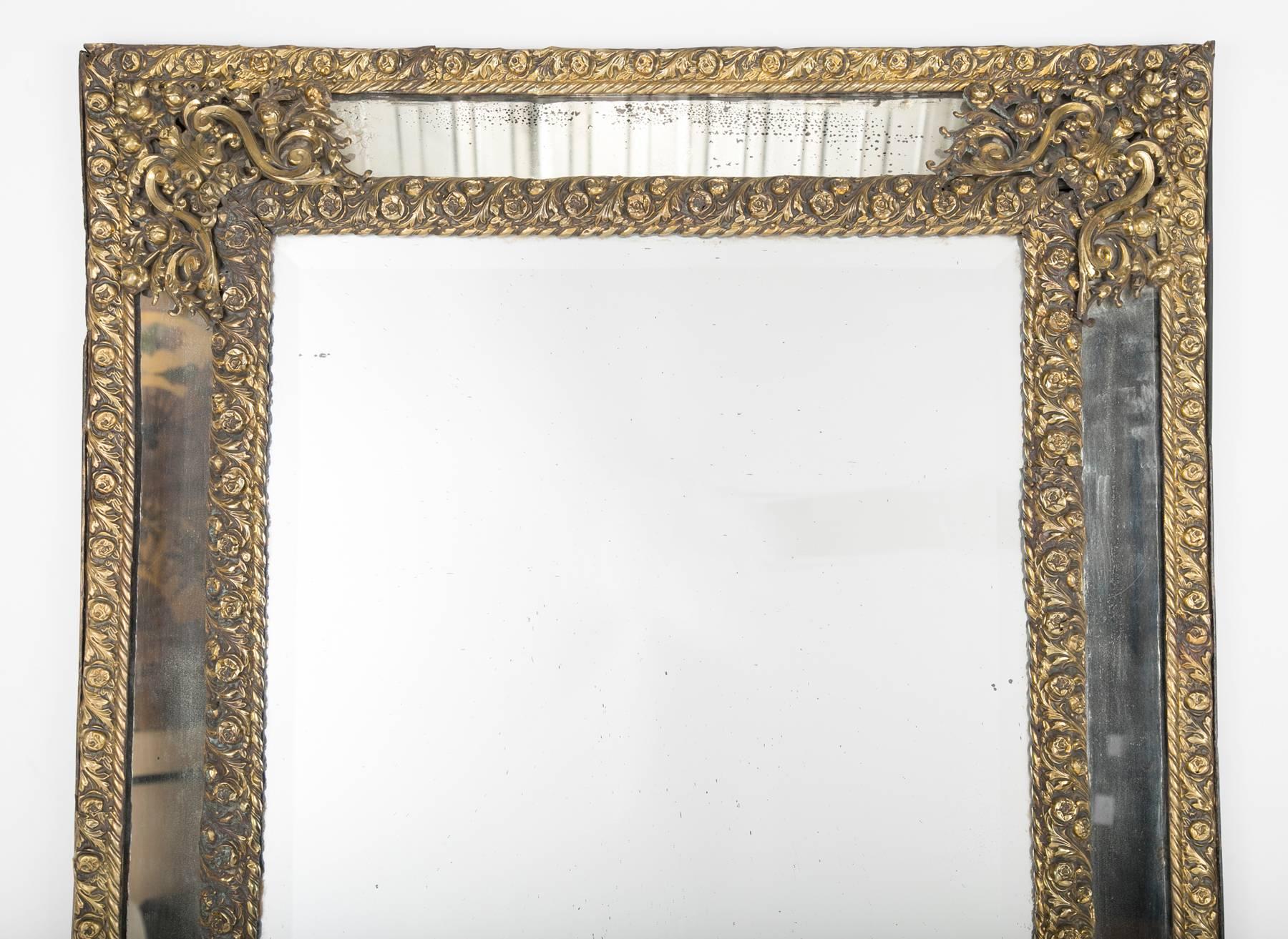 19th Century Dutch Baroque Brass Rectangular Mirror 
