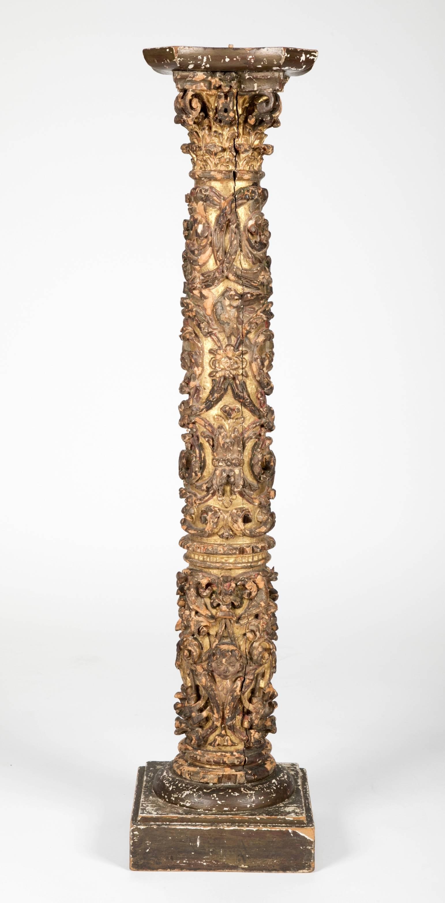 Baroque Pair of 17th Century Spanish Giltwood Column Pedestals