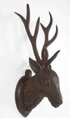 Black Forest Carved Wood Deer Head, Hand-Carved Antlers