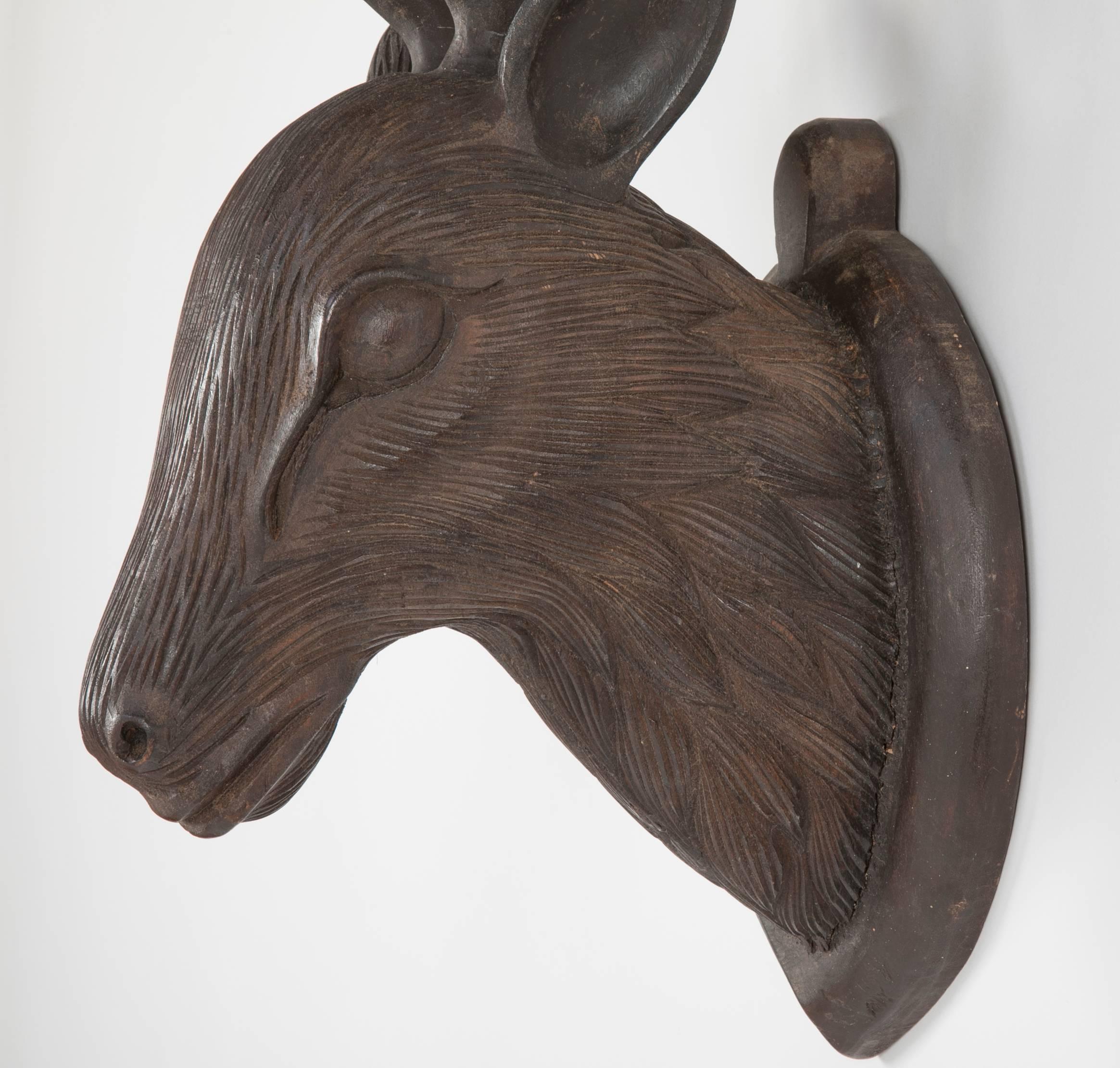 Black Forest Carved Wood Deer Head, Hand-Carved Antlers In Excellent Condition In Stamford, CT