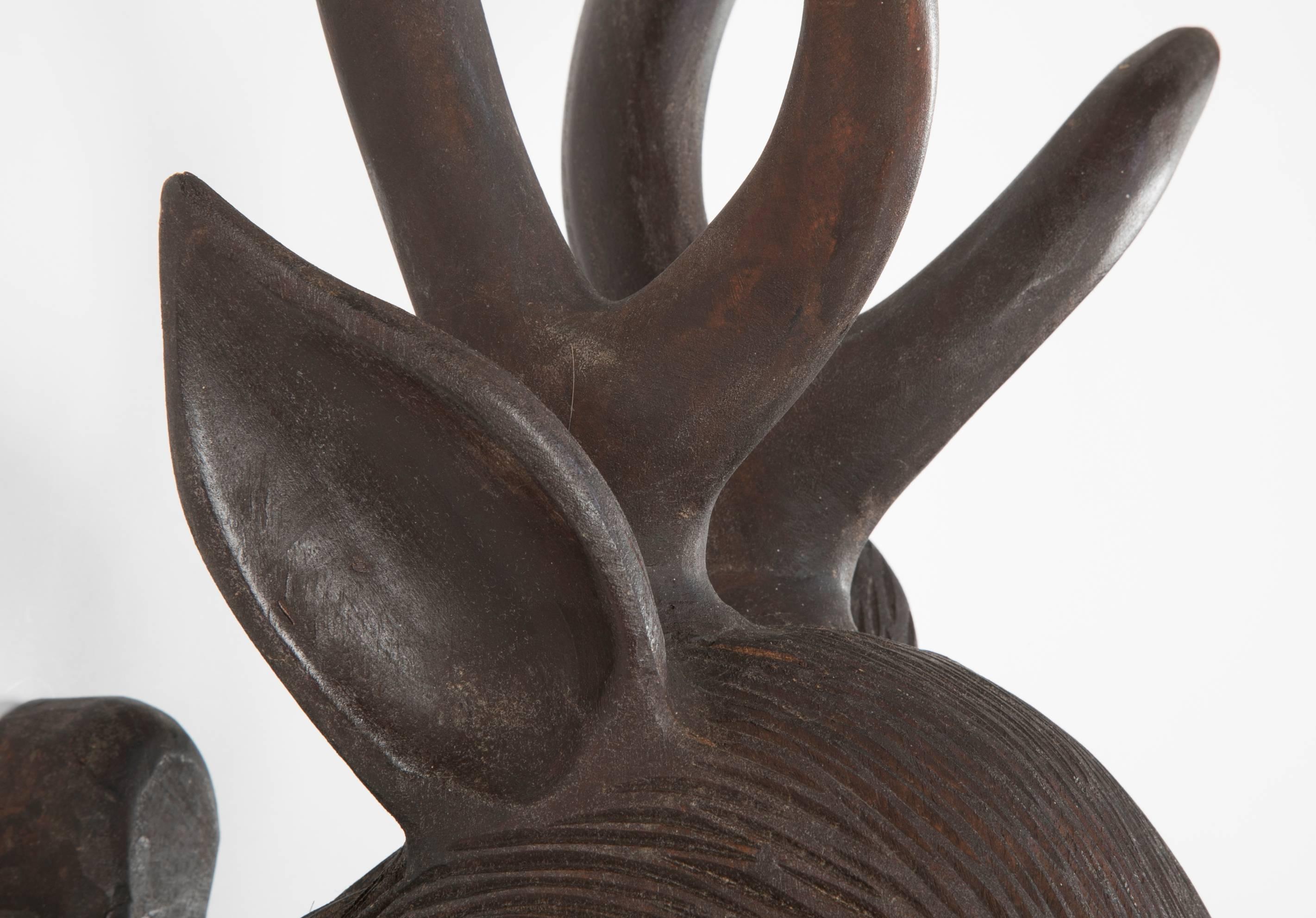 19th Century Black Forest Carved Wood Deer Head, Hand-Carved Antlers