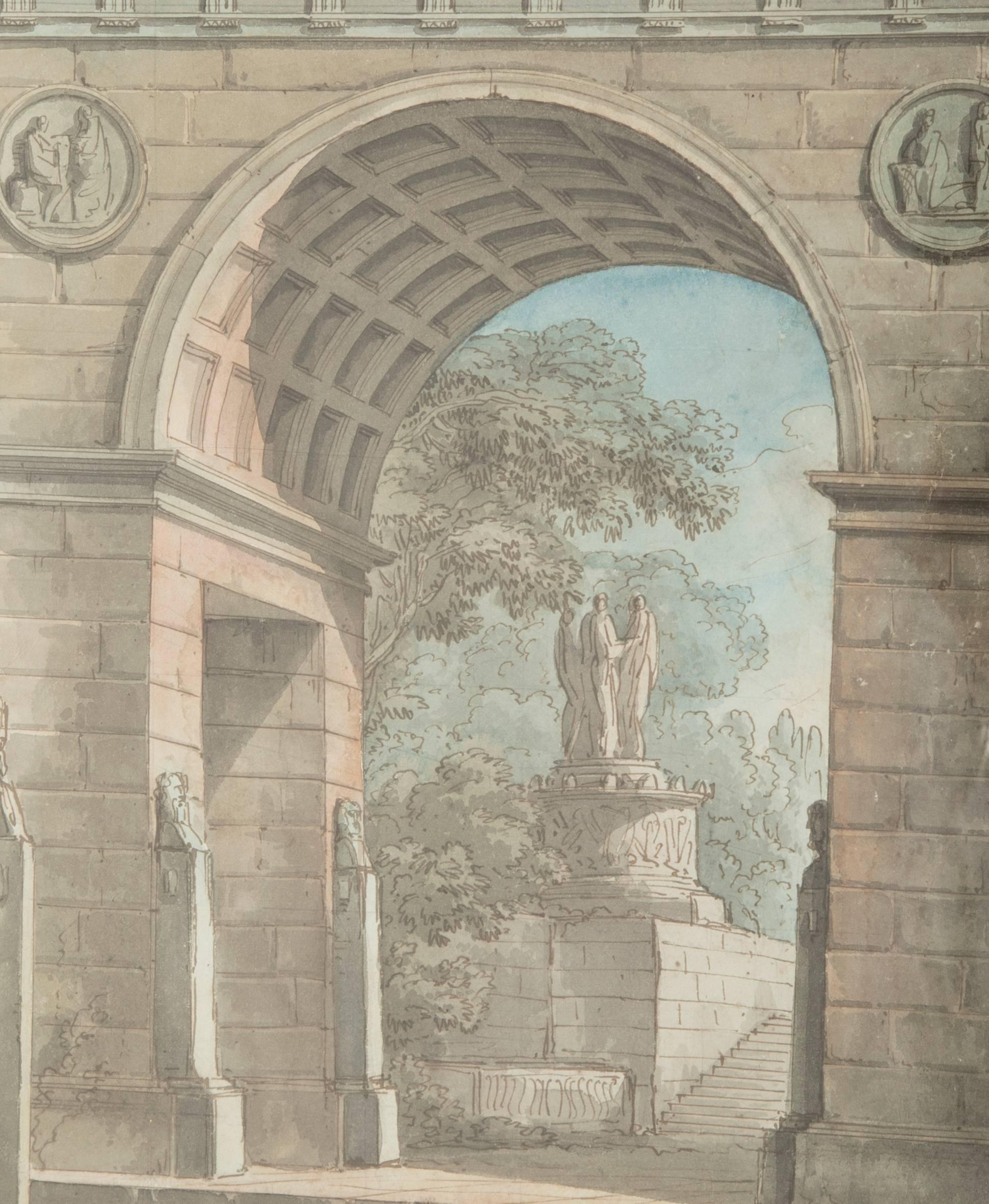 French Neoclassical Architectural Watercolor   In Excellent Condition In Stamford, CT