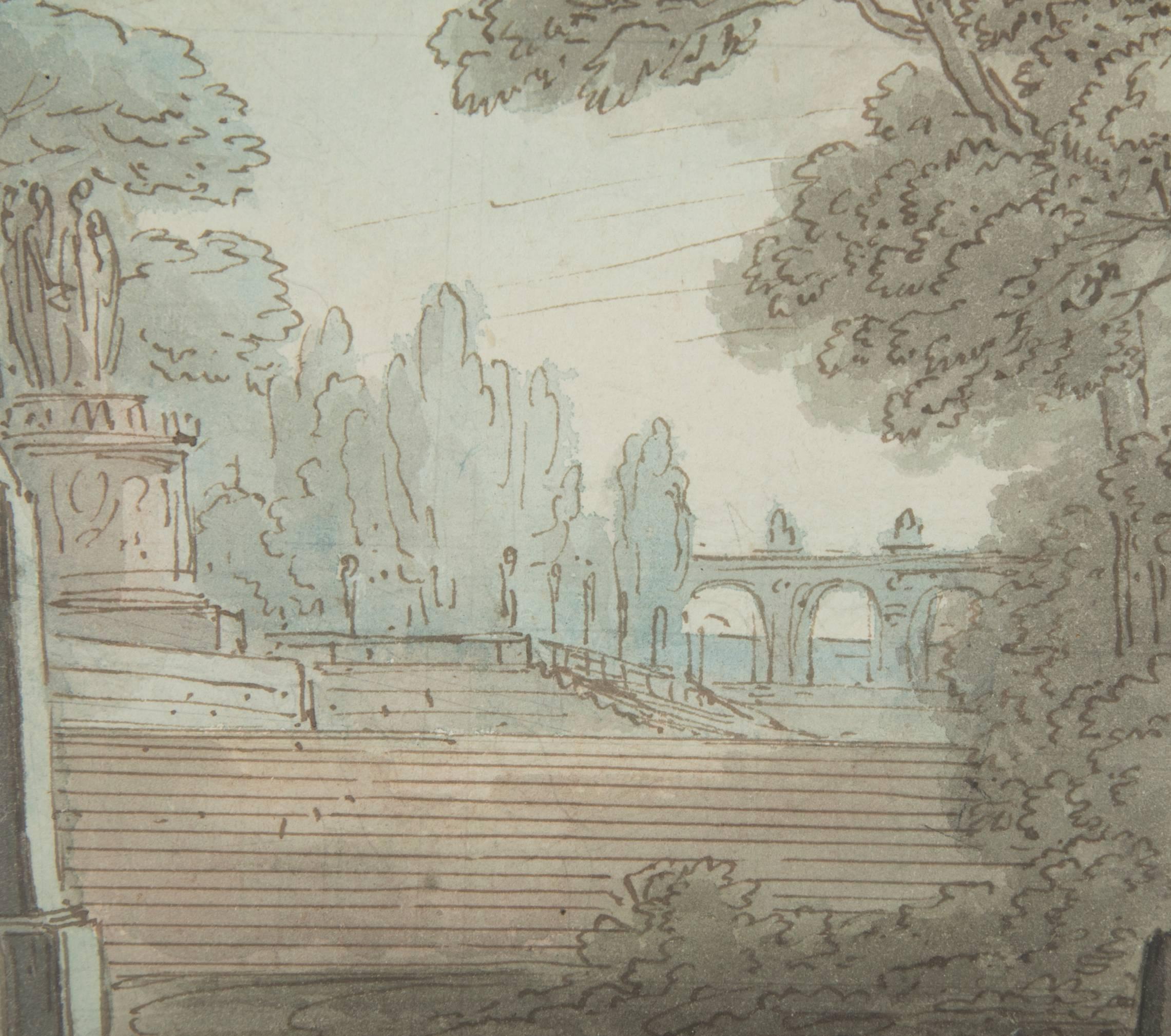 A fine late 18th century French neoclassical watercolor depicting an Italian scene of two barrel vault arches opening to a wooded garden with sculptures, fountains and an aqueduct in the distance. The archways lined with Roman herm figures. Ex: