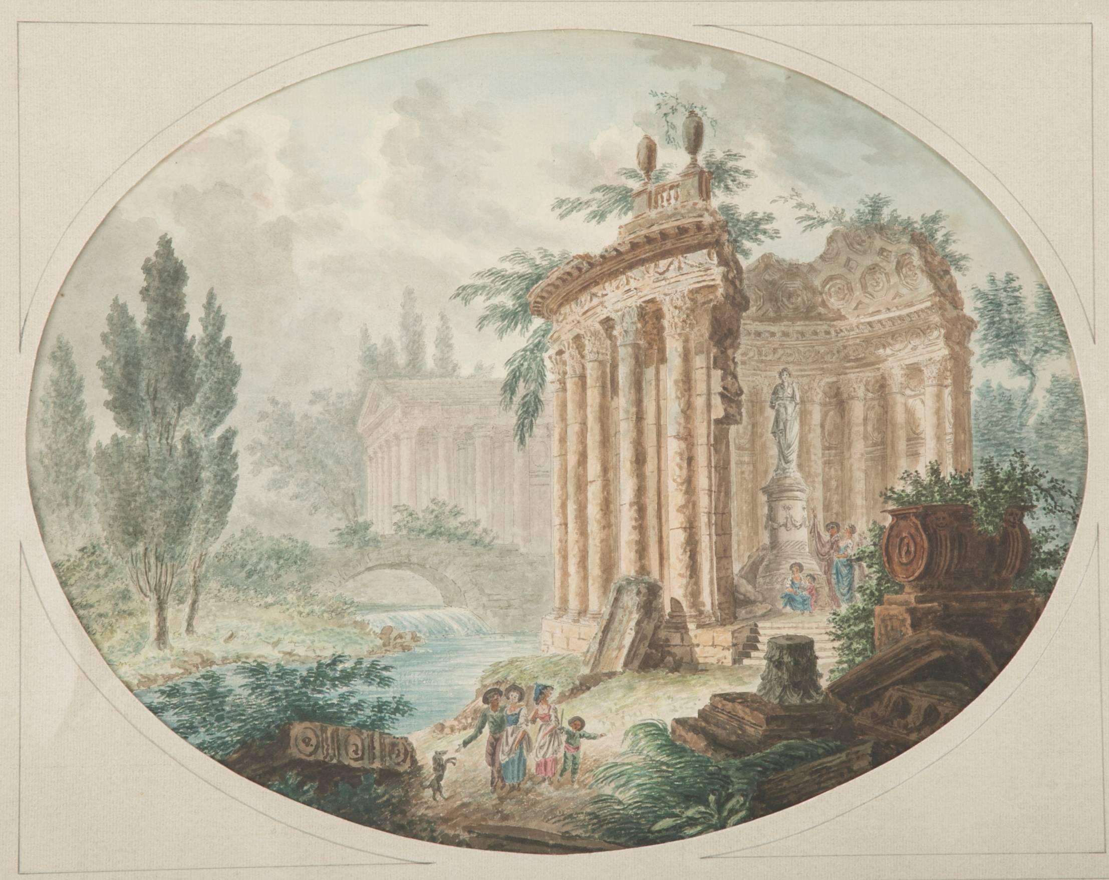 18th century Italian capriccio depicting ruins based on the Roman Temple of Vesta being visited by a group of Grand Tour travelers. With an arched bridge and another columned structure in the background, cypress trees, and architectural fragments