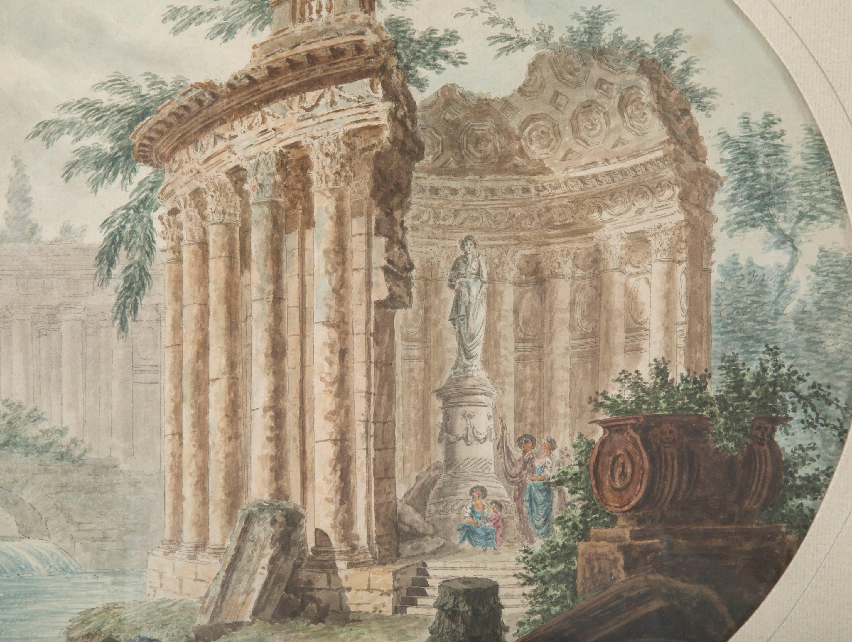 Hand-Painted 18th Century Italian Neoclassical Watercolor with Roman Ruins For Sale