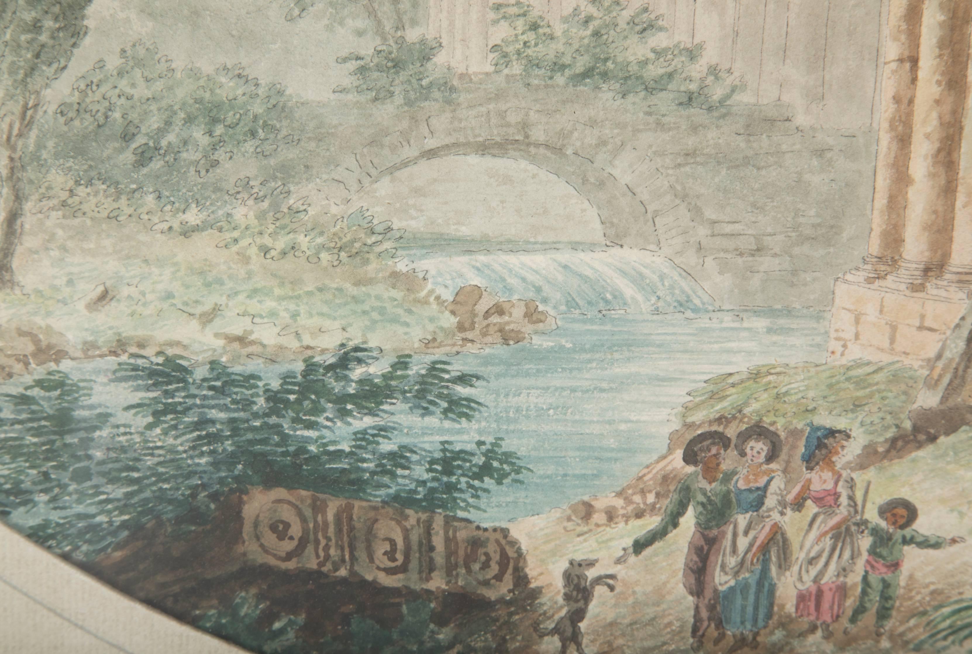 Paper 18th Century Italian Neoclassical Watercolor with Roman Ruins For Sale