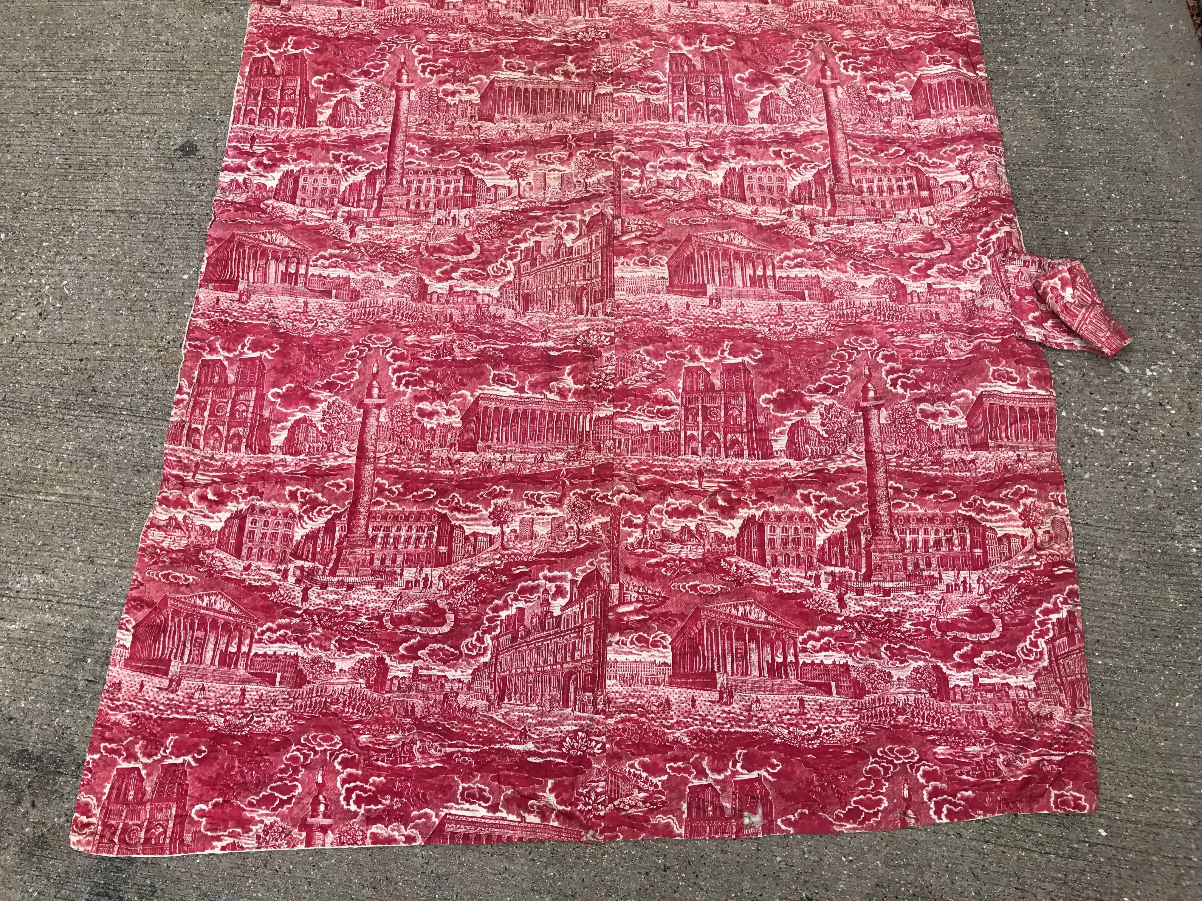 Empire Toile de Jouy française du 19ème siècle en textile rouge et blanc, Monuments de Paris en vente