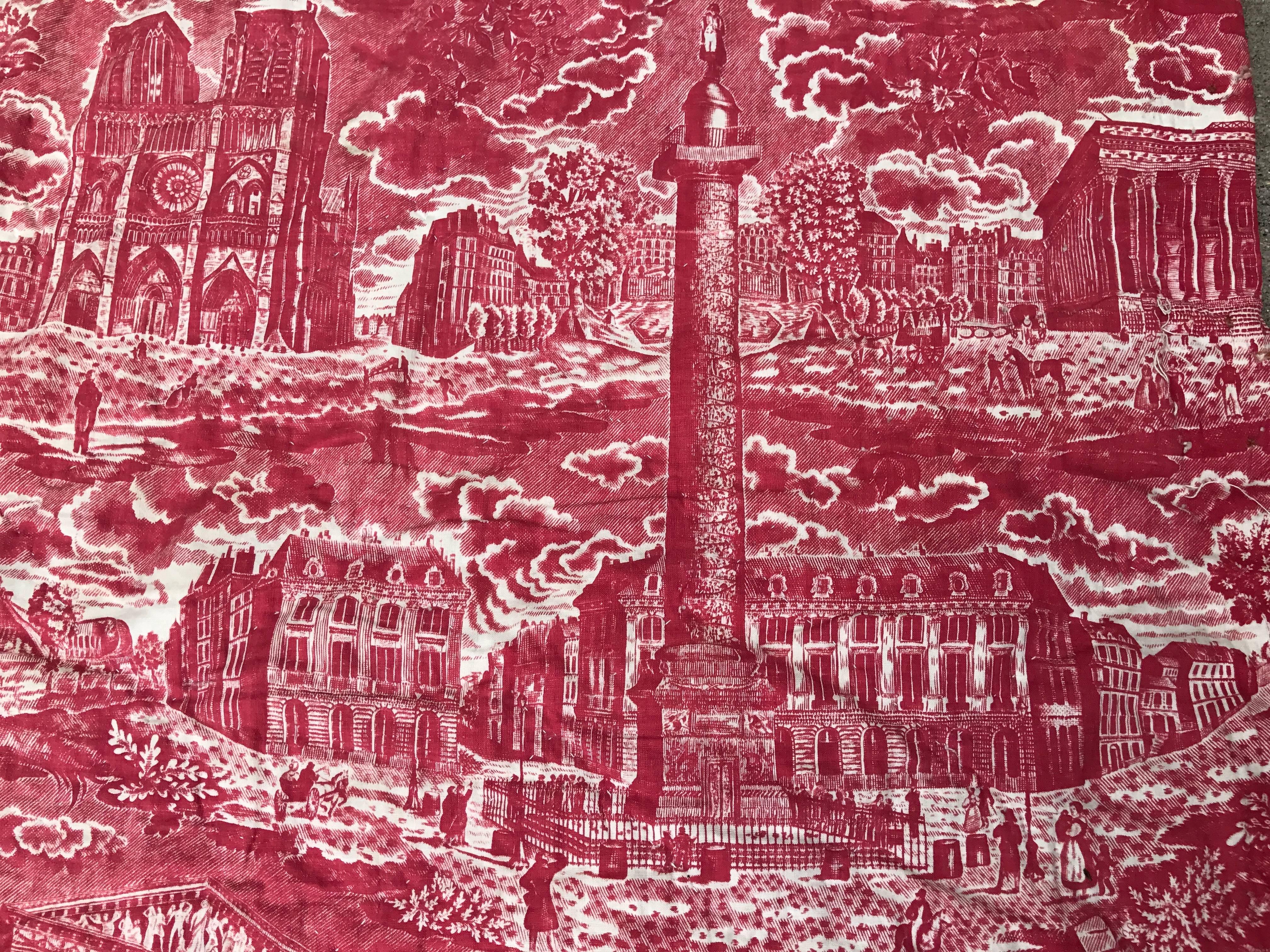 19th Century French Toile De Jouy Red and White Textile, Monuments of Paris For Sale 3
