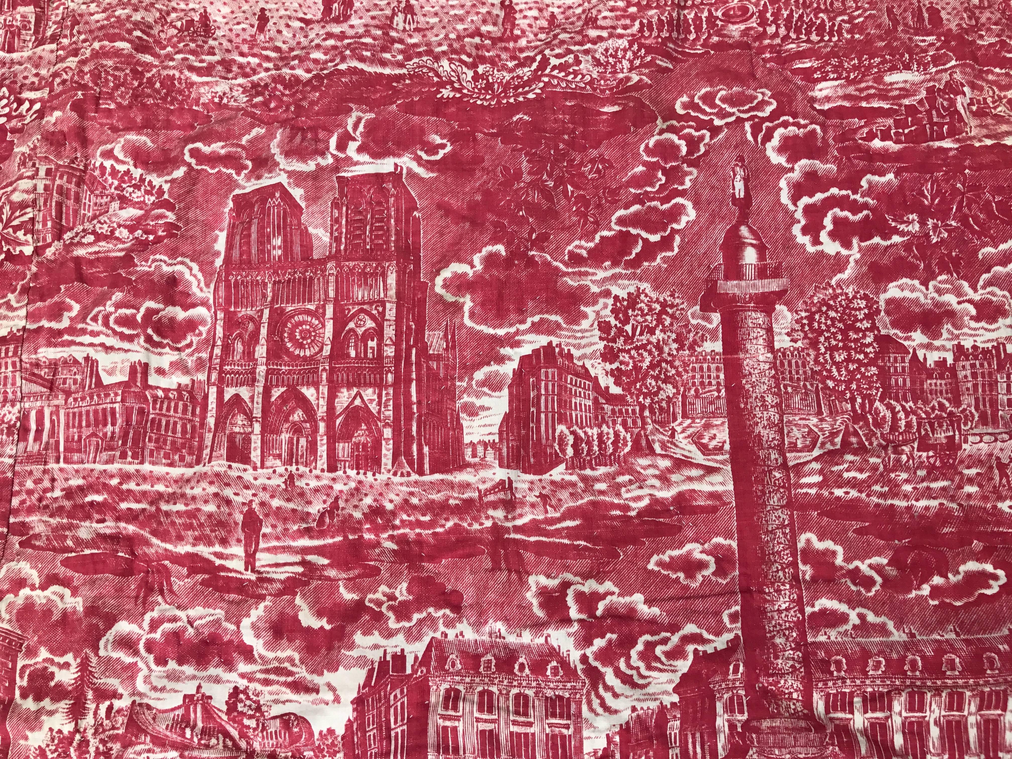 19th Century French Toile De Jouy Red and White Textile, Monuments of Paris For Sale 2