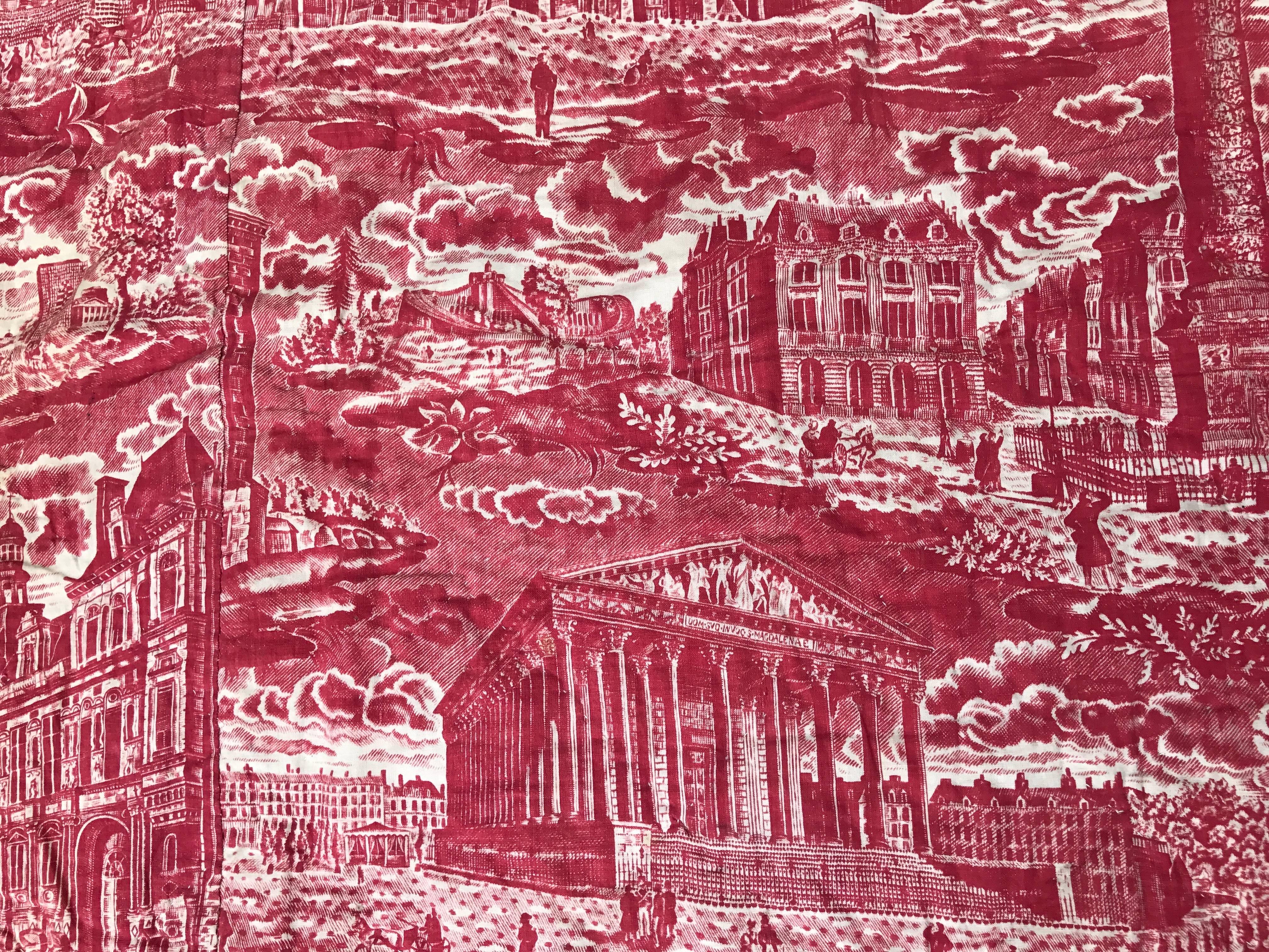 19th Century French Toile De Jouy Red and White Textile, Monuments of Paris For Sale 1