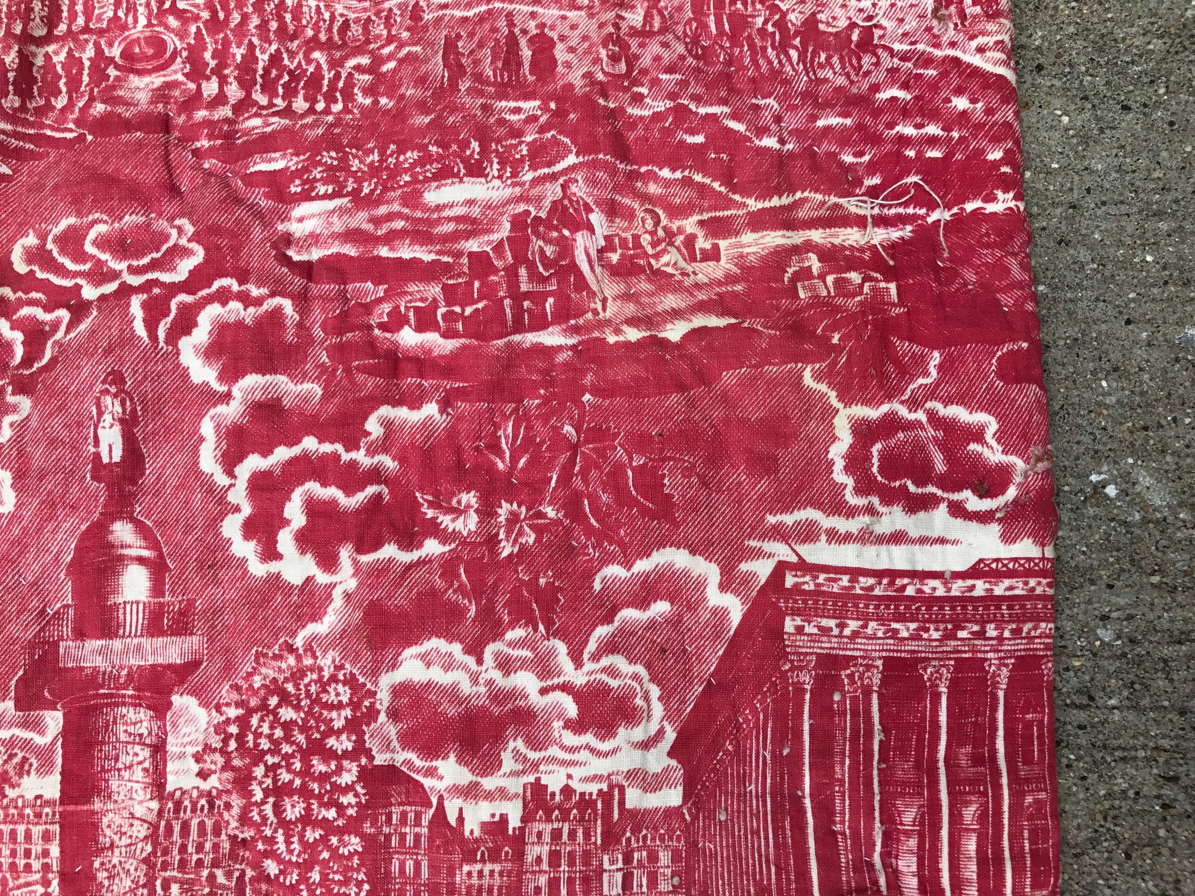 19th Century French Toile De Jouy Red and White Textile, Monuments of Paris For Sale 4