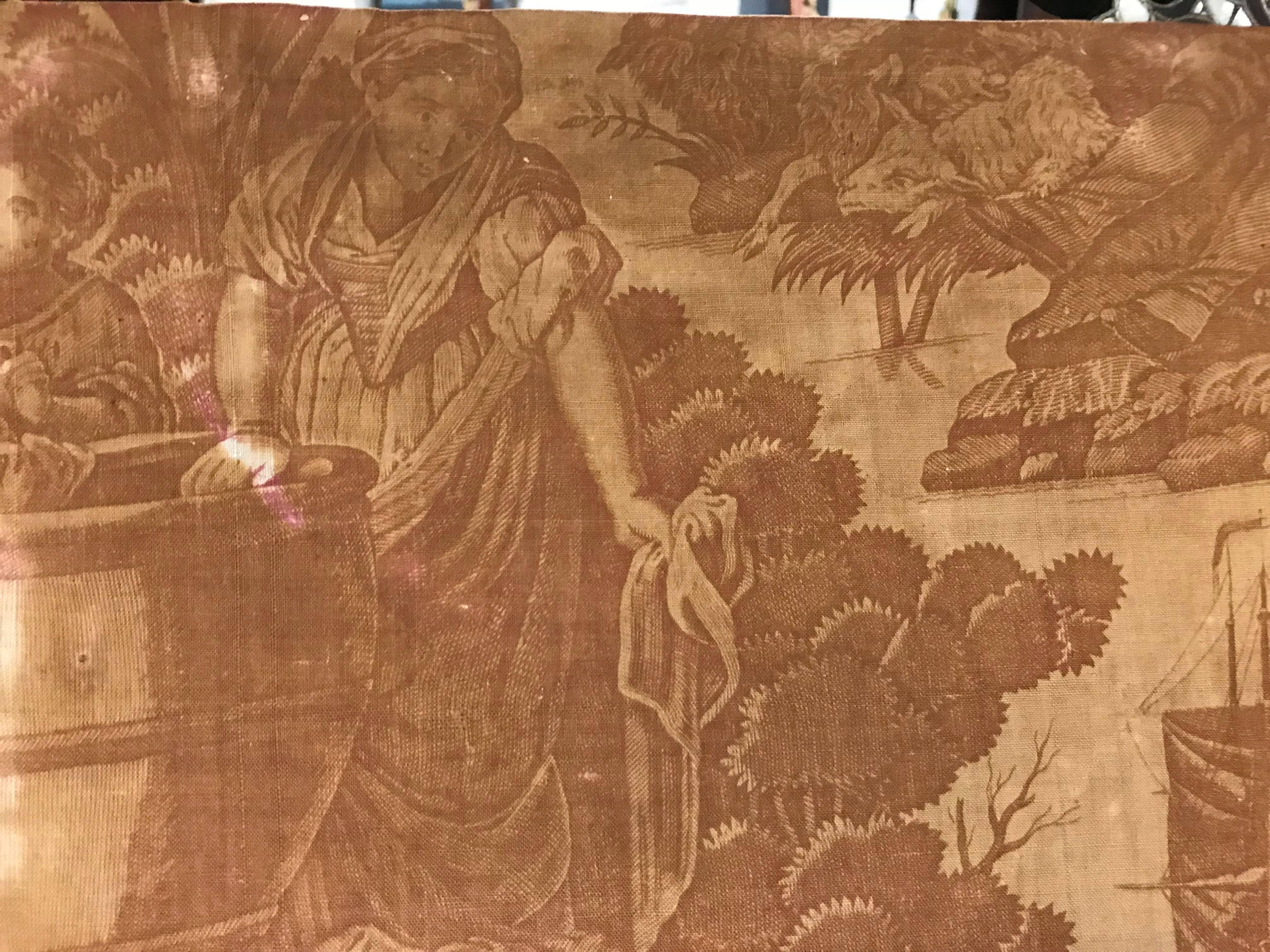 Fantastic piece of early toile, the color faded but the very detailed images intact. Including a charming scene of two boys dancing to a drummer, ships at sea, A family gathering with a stern looking man reading the bible, check out the dog under