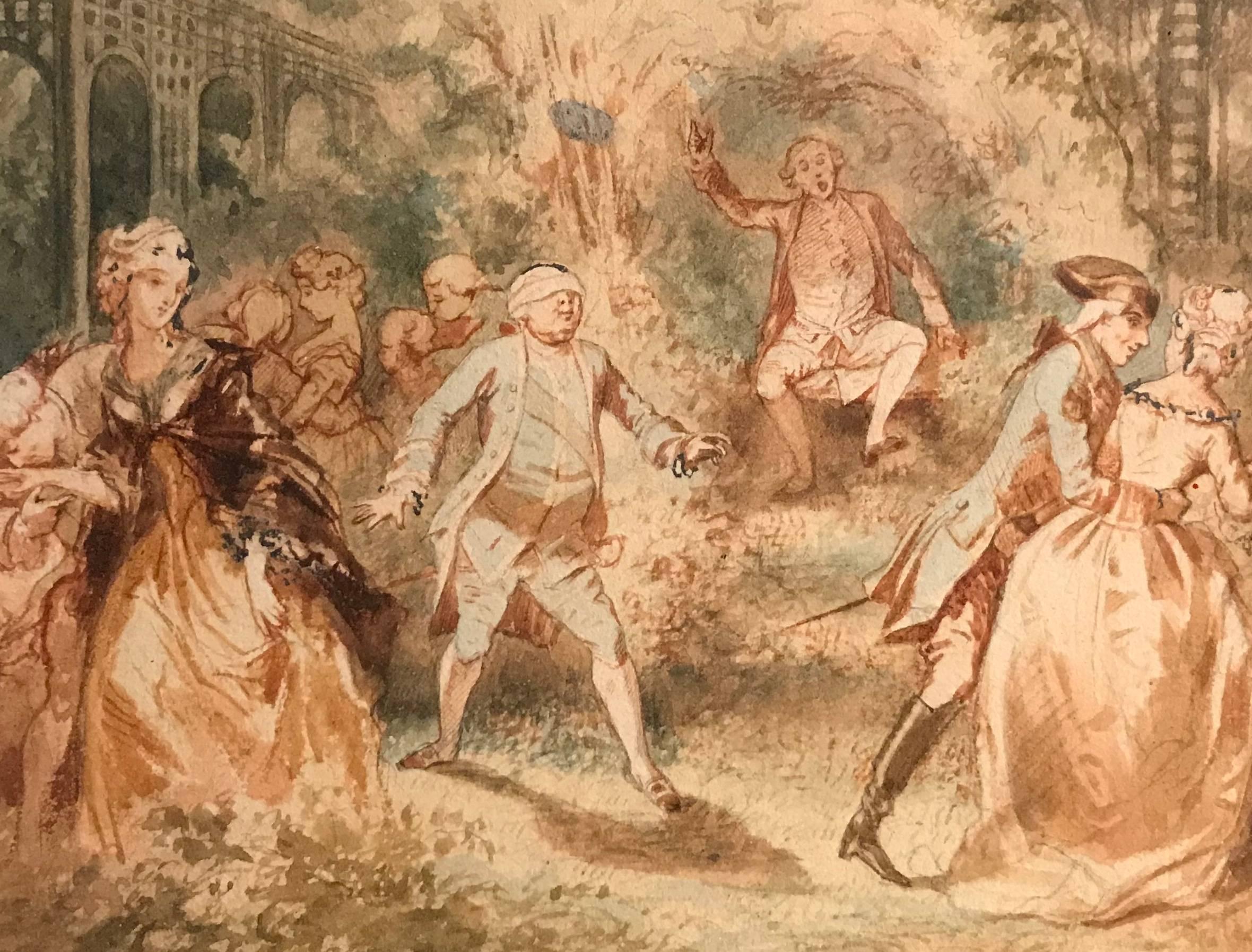 Hand-Painted French 18th Century Watercolor 'Blind Man's Bluff'
