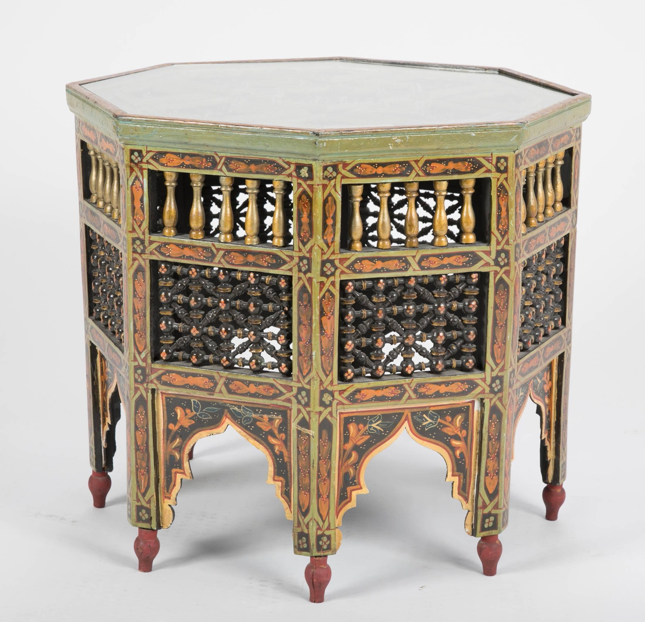 Moroccan Carved and Painted Octagonal Side Table 1