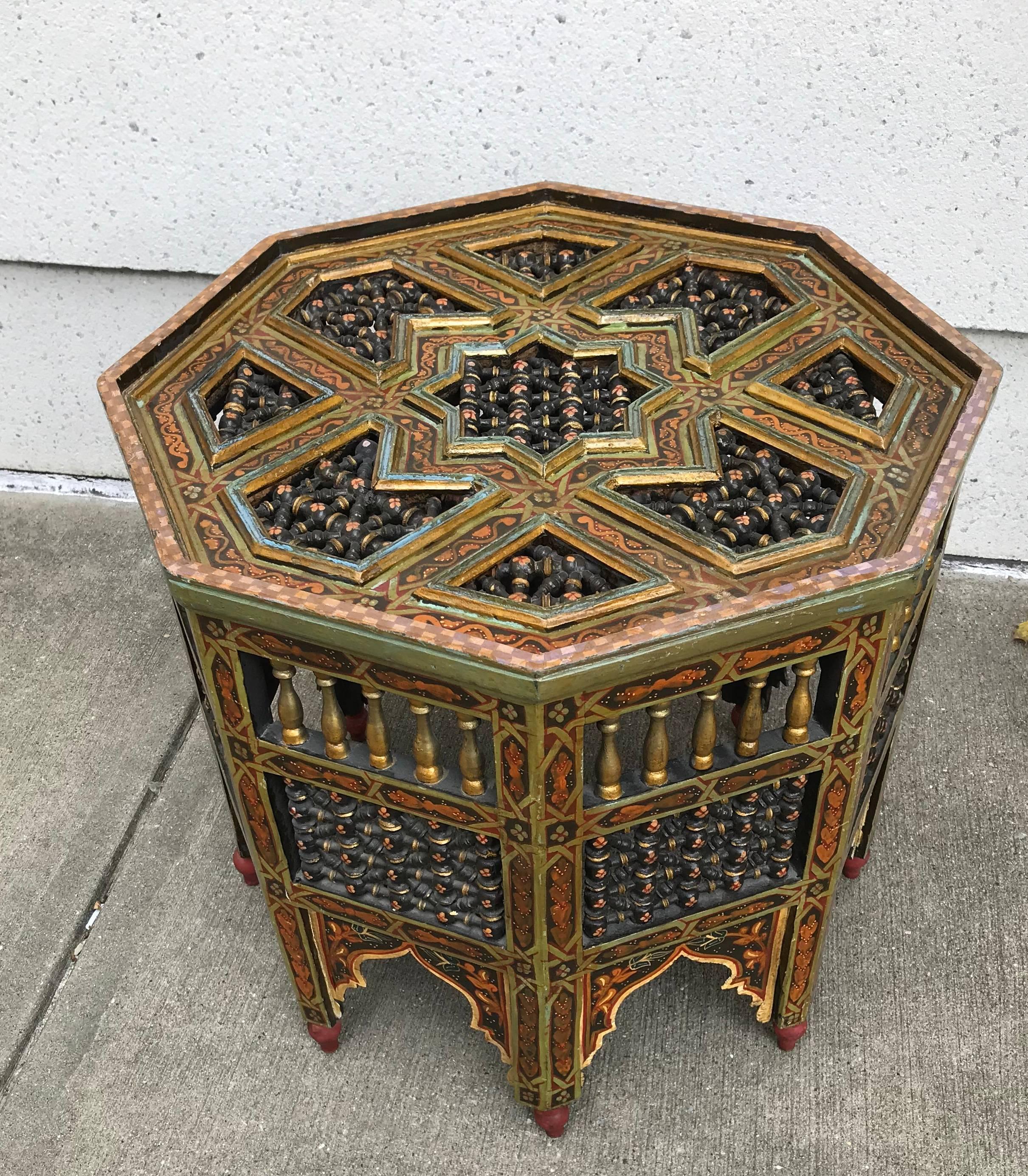 Best quality Moroccan side table with intricate carving throughout and original paint. This one is the real deal. With a glass top. Larger than typical with this type of table. Great side, end or drinks table with a lot of character.
Measure: 24